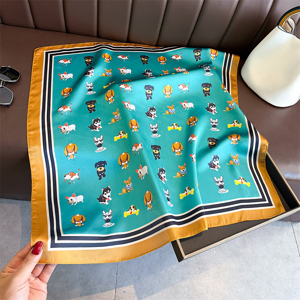 Anna-Kaci Women Satin Square Scarf with Dog Print Border Design Lightweight Accessory 27.5¡Á27.5inches