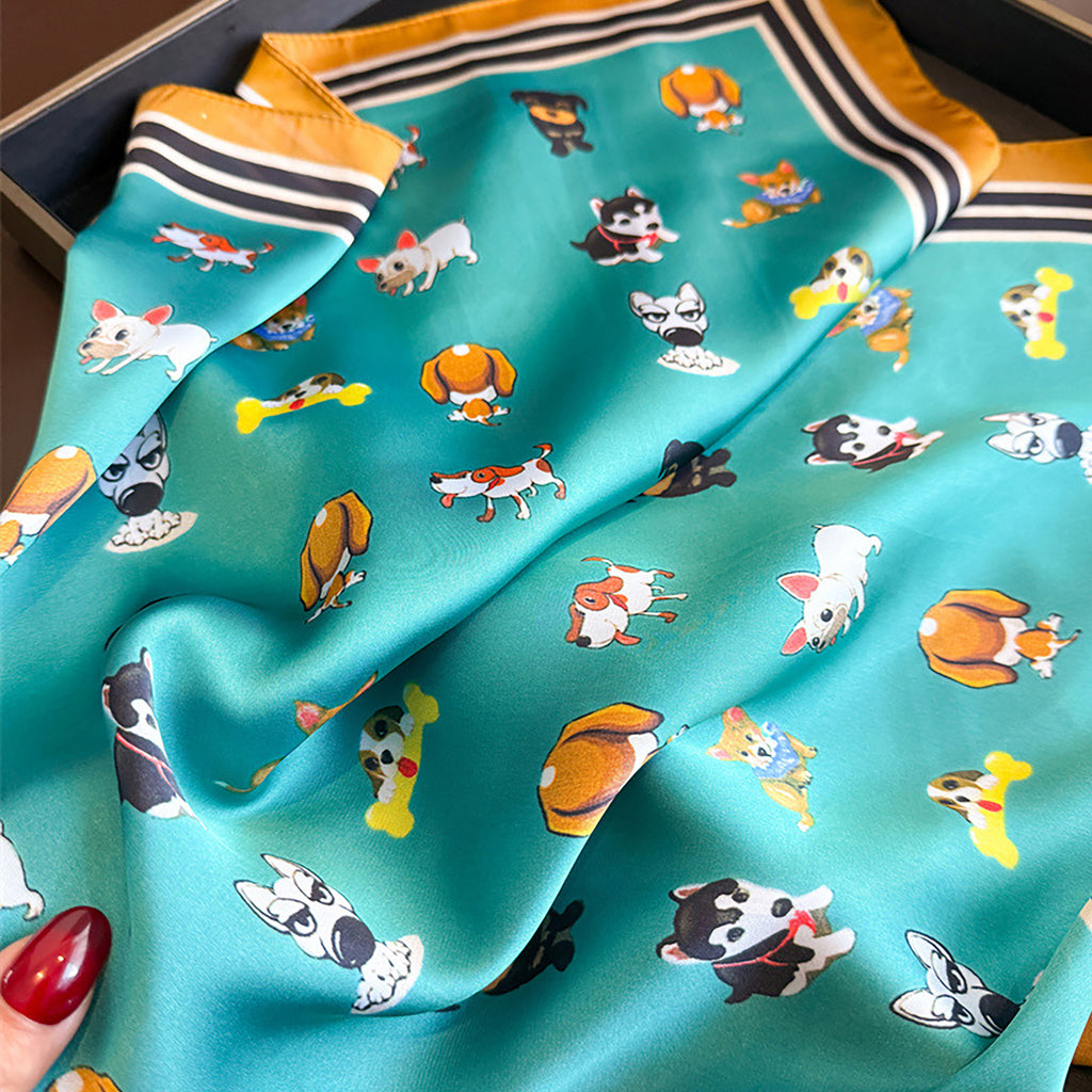 Anna-Kaci Women Satin Square Scarf with Dog Print Border Design Lightweight Accessory 27.5¡Á27.5inches