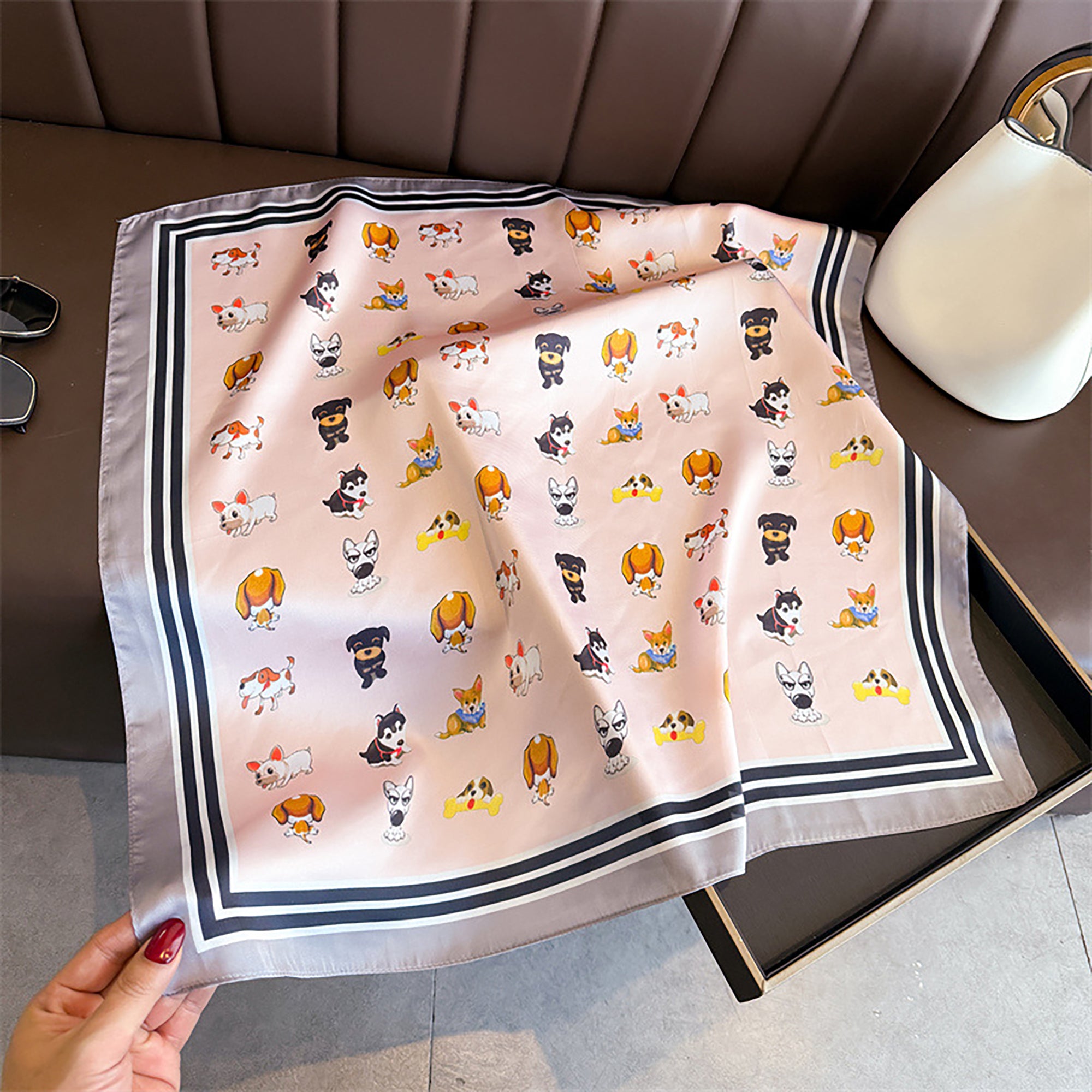 Anna-Kaci Women Satin Square Scarf with Dog Print Border Design Lightweight Accessory 27.5¡Á27.5inches