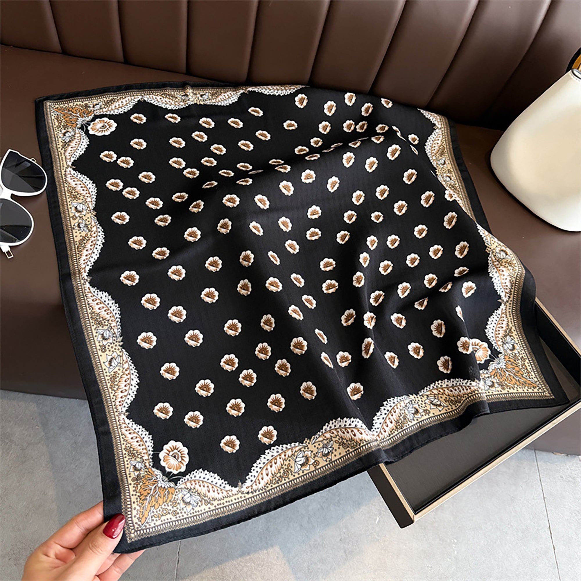 Anna-Kaci Women Square Scarf with Floral Border Soft Lightweight Fashion Accessory 27.5¡Á27.5inches