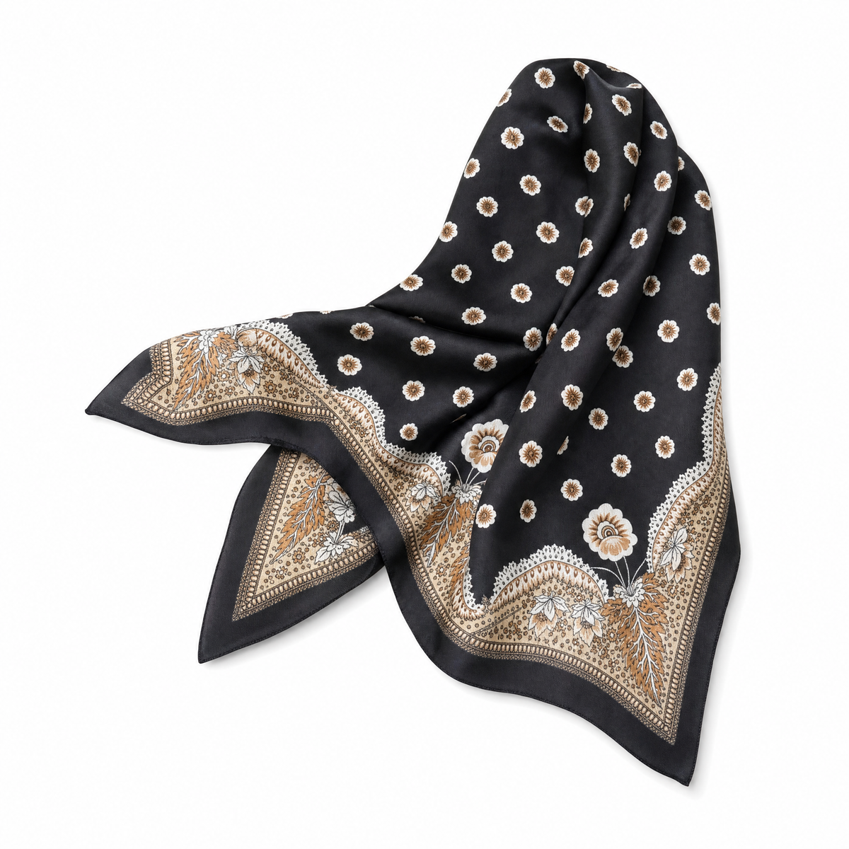 Women Square Scarf with Floral Border Soft Lightweight Fashion Accessory 27.5x27.5inches