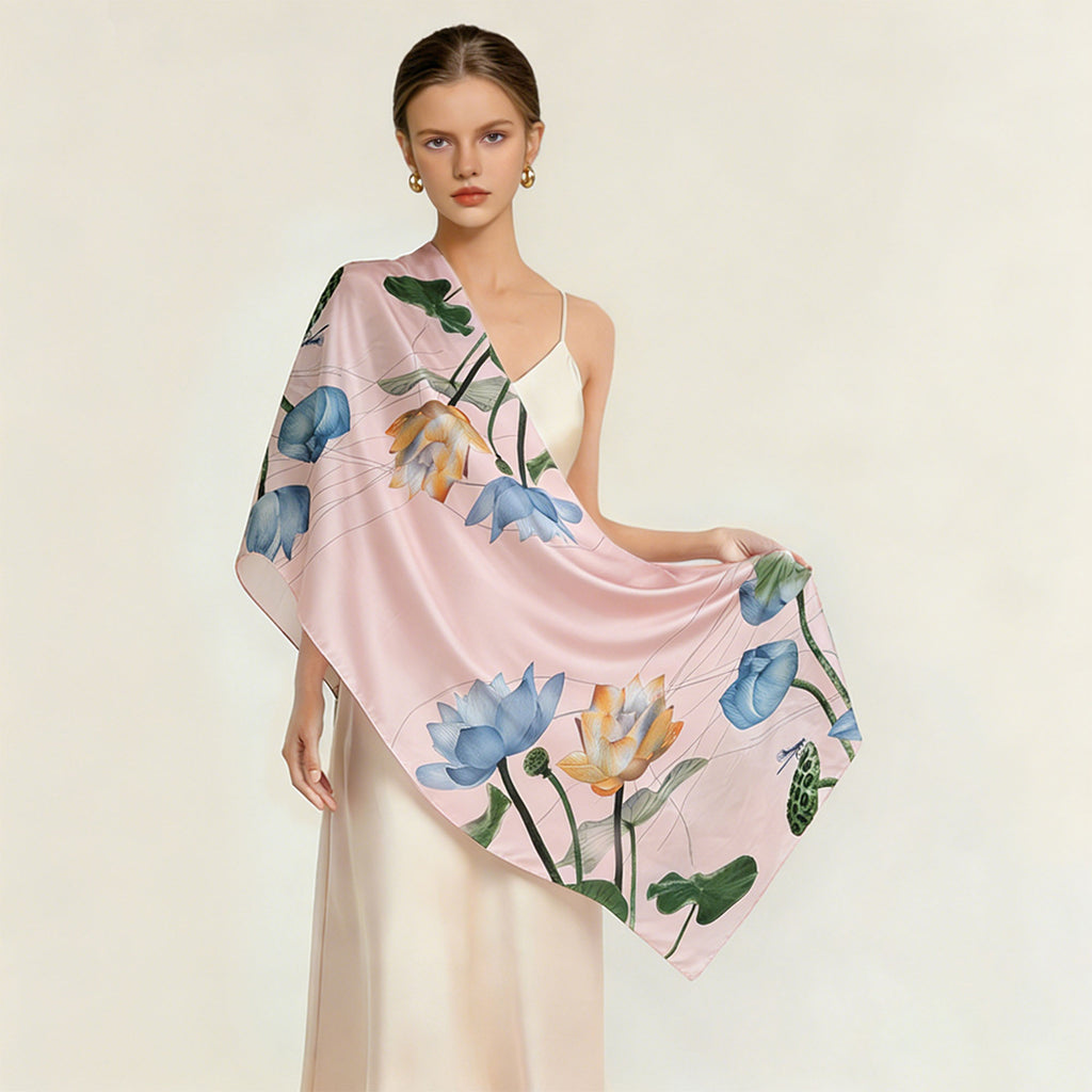 Anna-Kaci Womens Floral Lotus Print Satin Scarf Lightweight Wrap for Handbag Styling