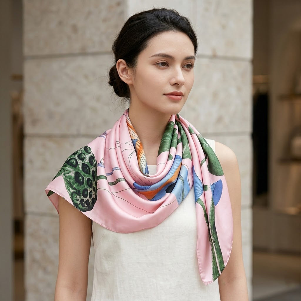Anna-Kaci Womens Floral Lotus Print Satin Scarf Lightweight Wrap for Handbag Styling