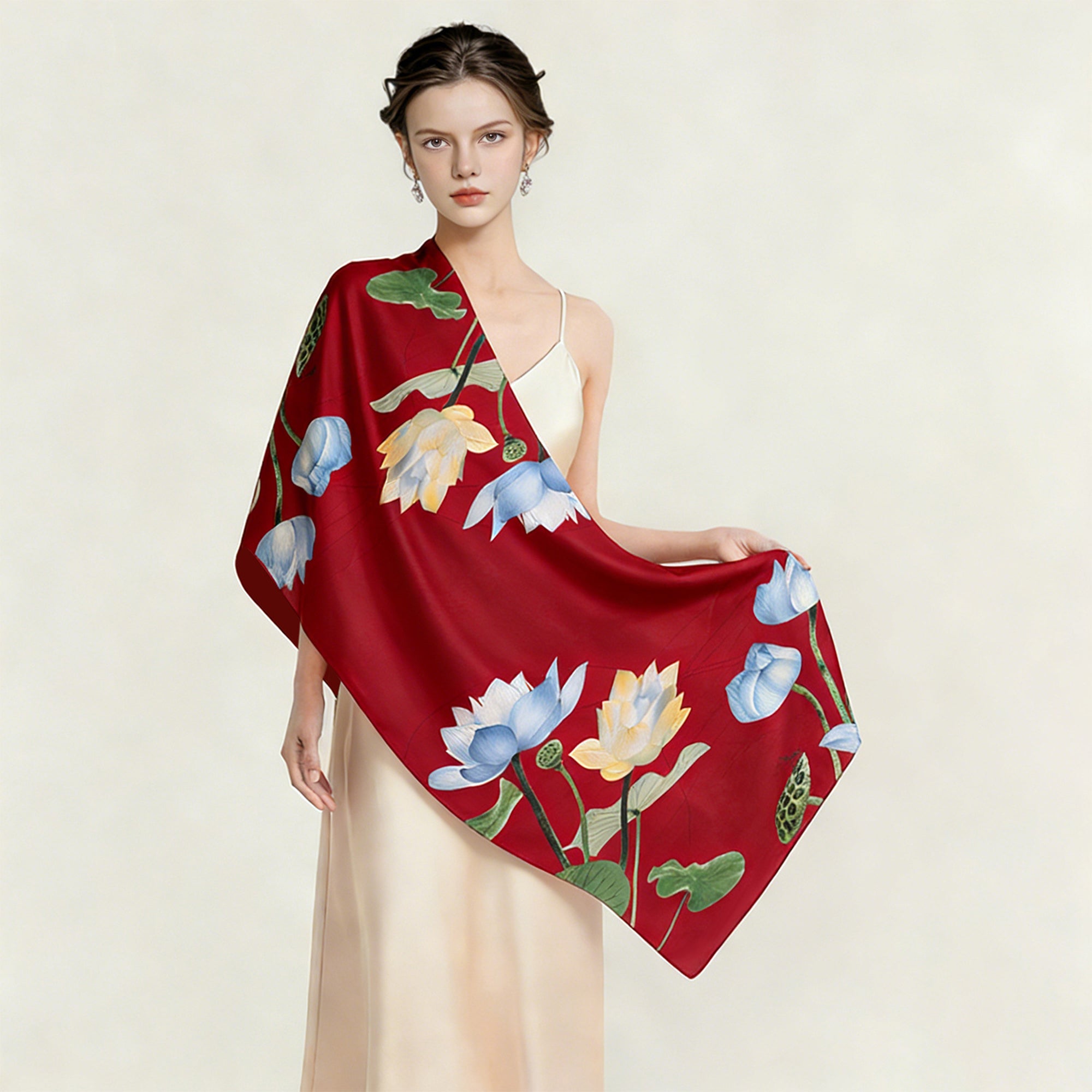 Anna-Kaci Womens Floral Lotus Print Satin Scarf Lightweight Wrap for Handbag Styling