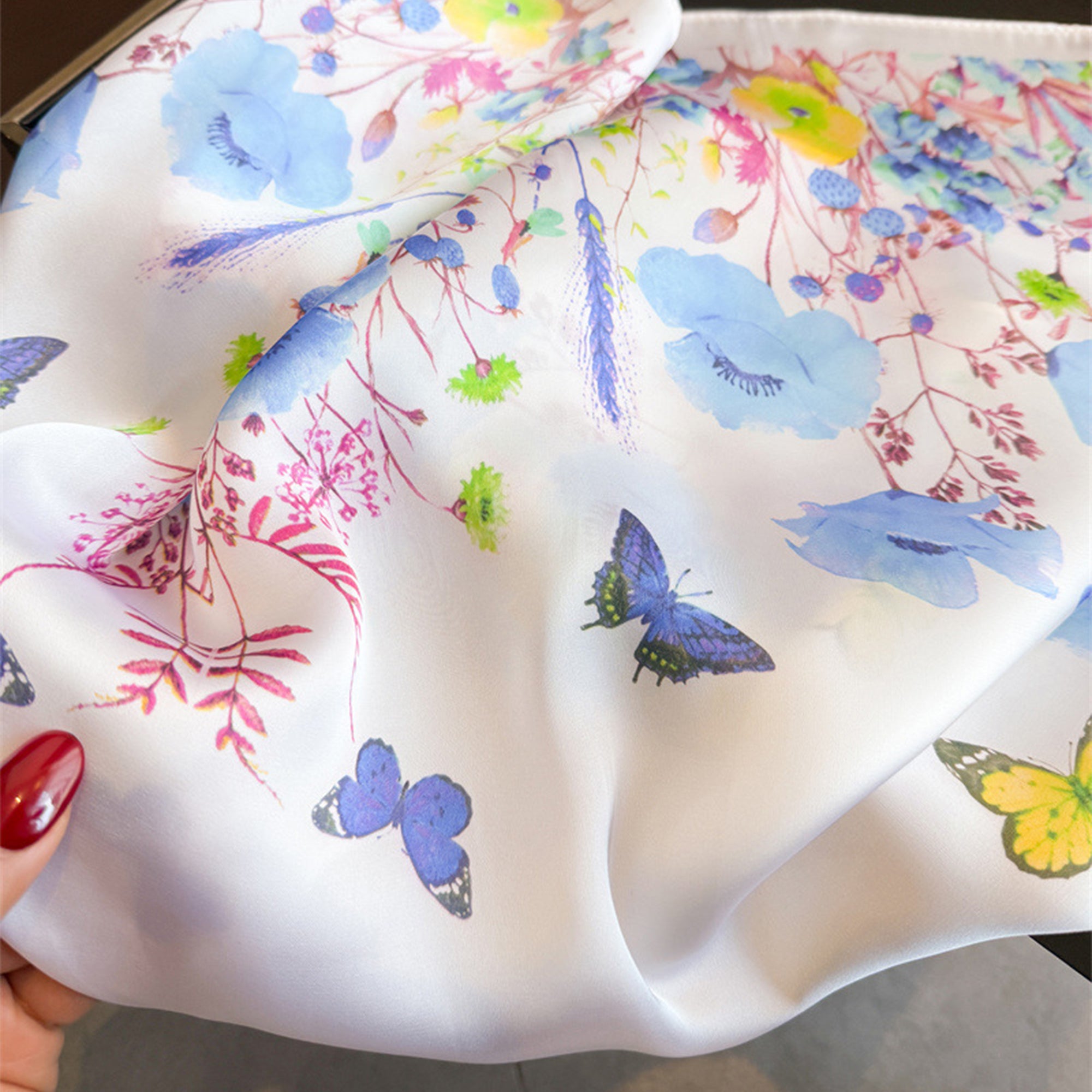 Anna-Kaci Womens Satin Floral Butterfly Print Square Scarf Lightweight Elegant Neck Wrap