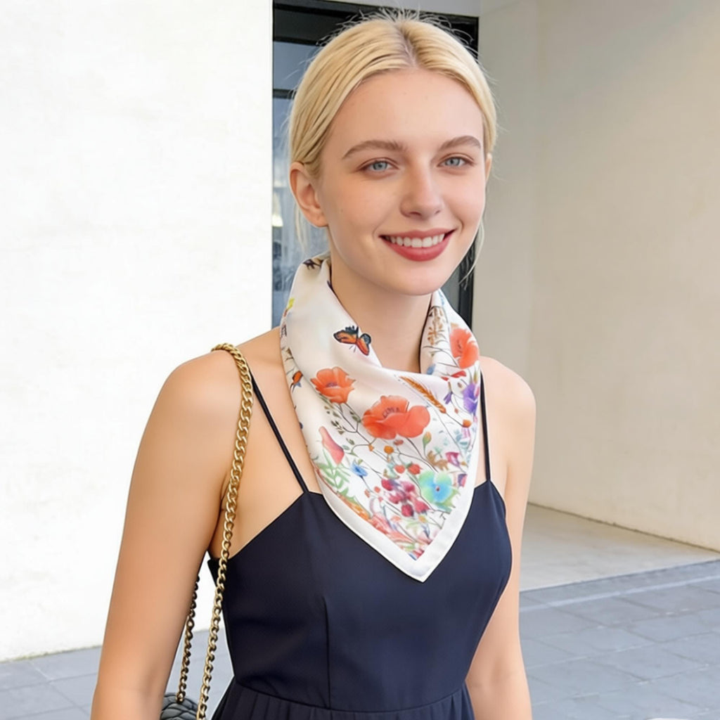 Anna-Kaci Womens Satin Floral Butterfly Print Square Scarf Lightweight Elegant Neck Wrap