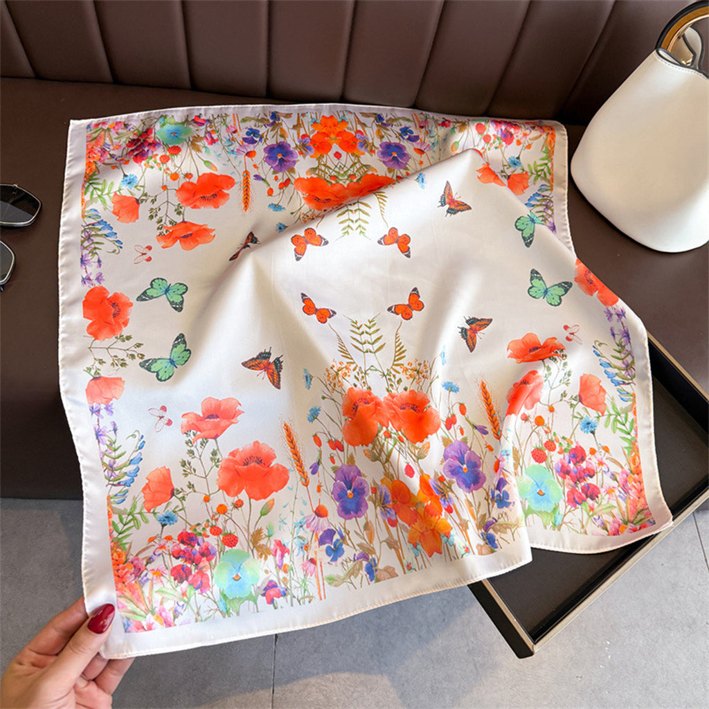 Anna-Kaci Womens Satin Floral Butterfly Print Square Scarf Lightweight Elegant Neck Wrap