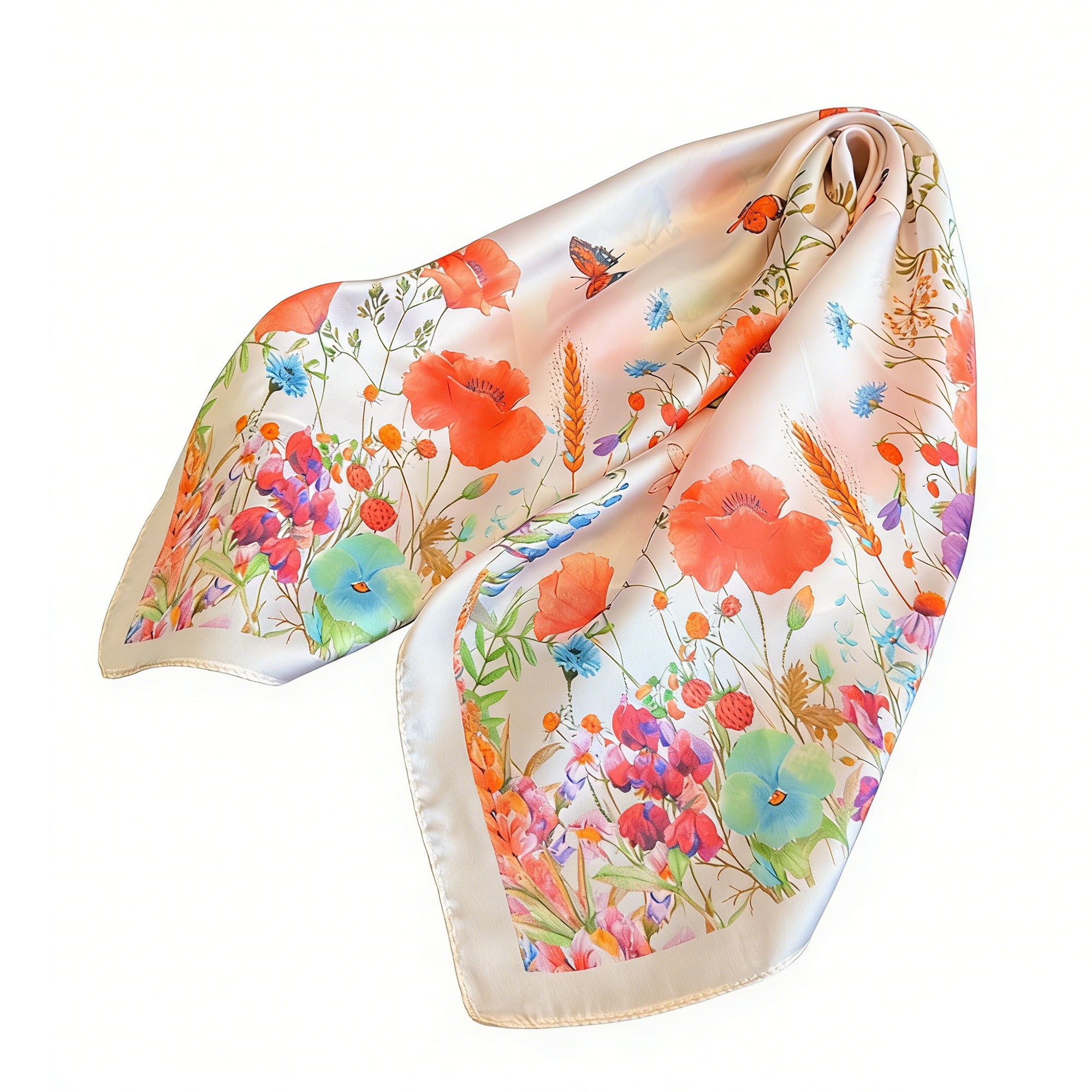Anna-Kaci Womens Satin Floral Butterfly Print Square Scarf Lightweight Elegant Neck Wrap