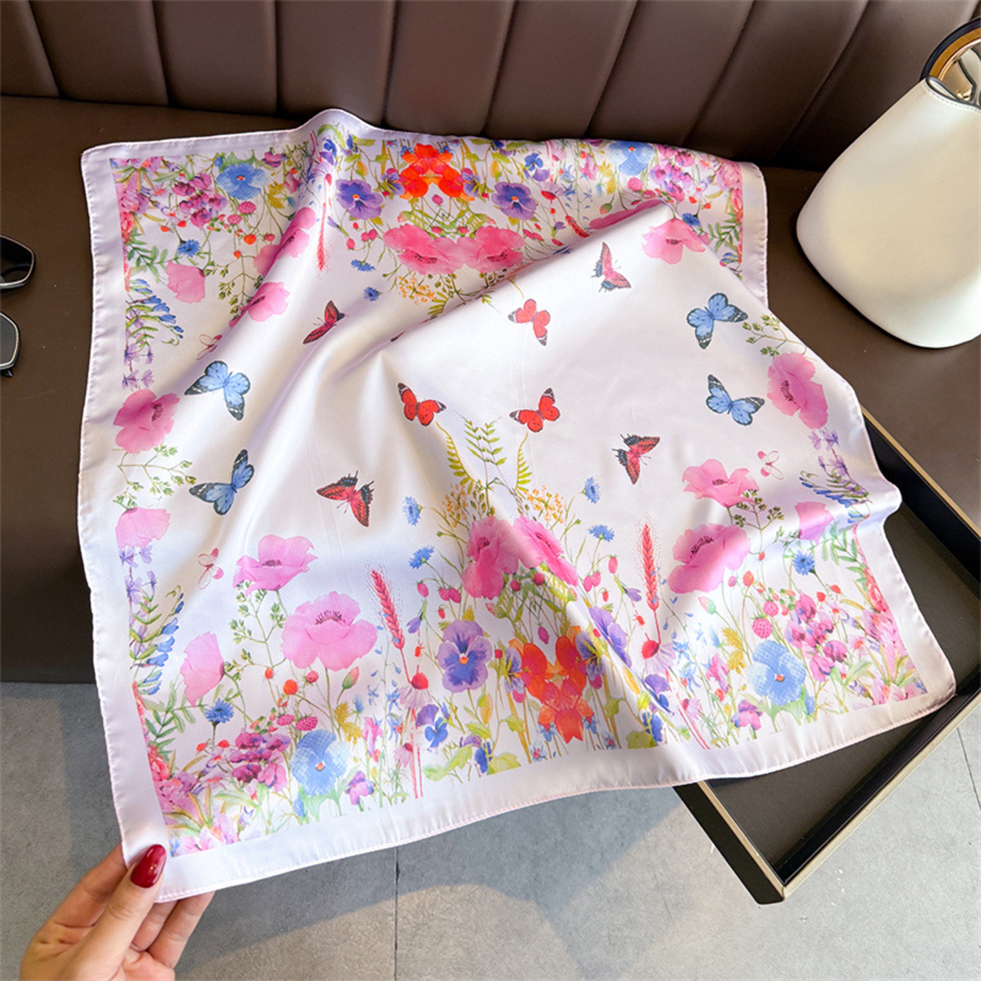 Anna-Kaci Womens Satin Floral Butterfly Print Square Scarf Lightweight Elegant Neck Wrap