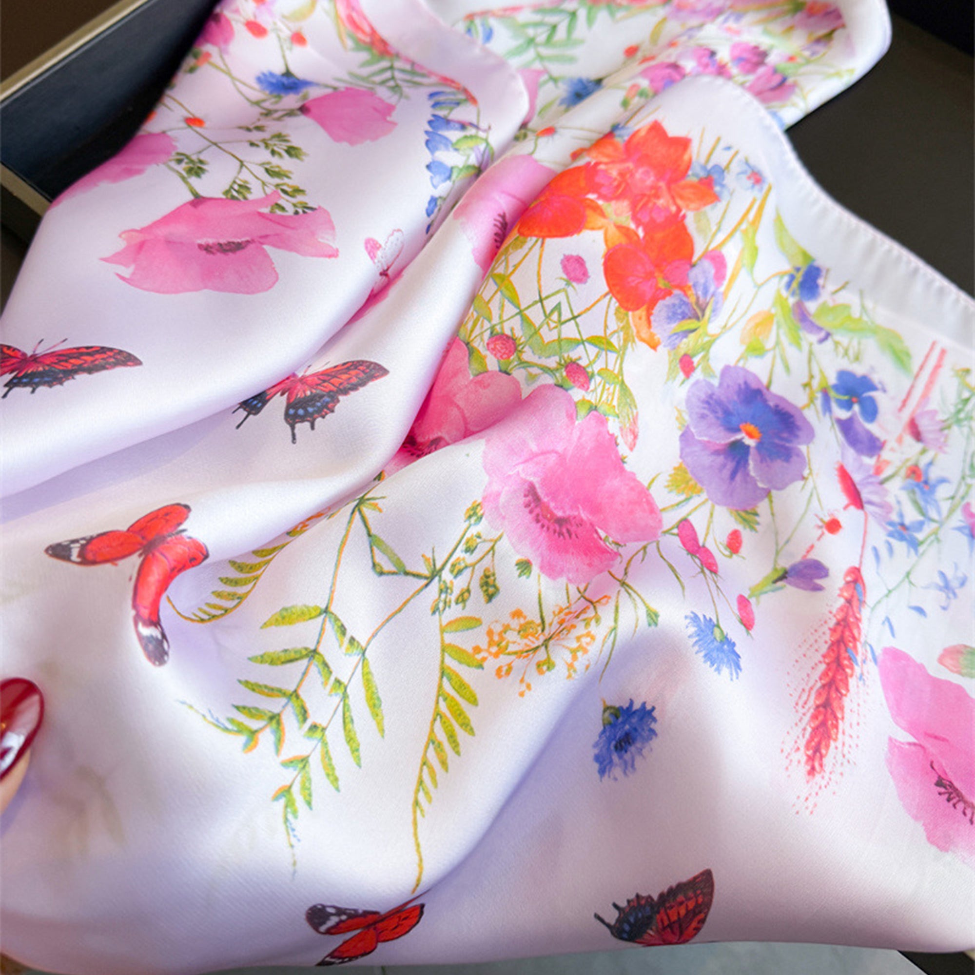 Anna-Kaci Womens Satin Floral Butterfly Print Square Scarf Lightweight Elegant Neck Wrap