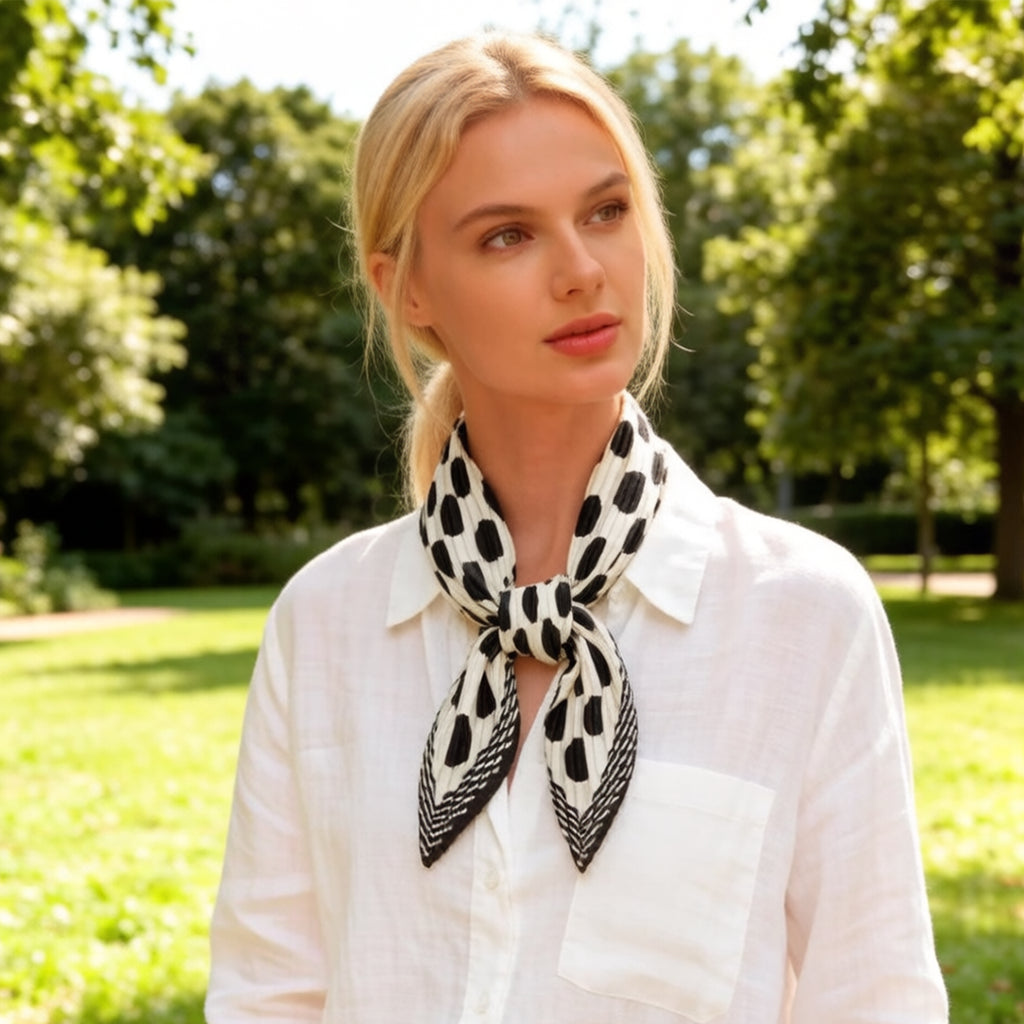 Anna-Kaci Womens Pleated Polka Dot Square Scarf Elegant Geometric Print Neck Wrap