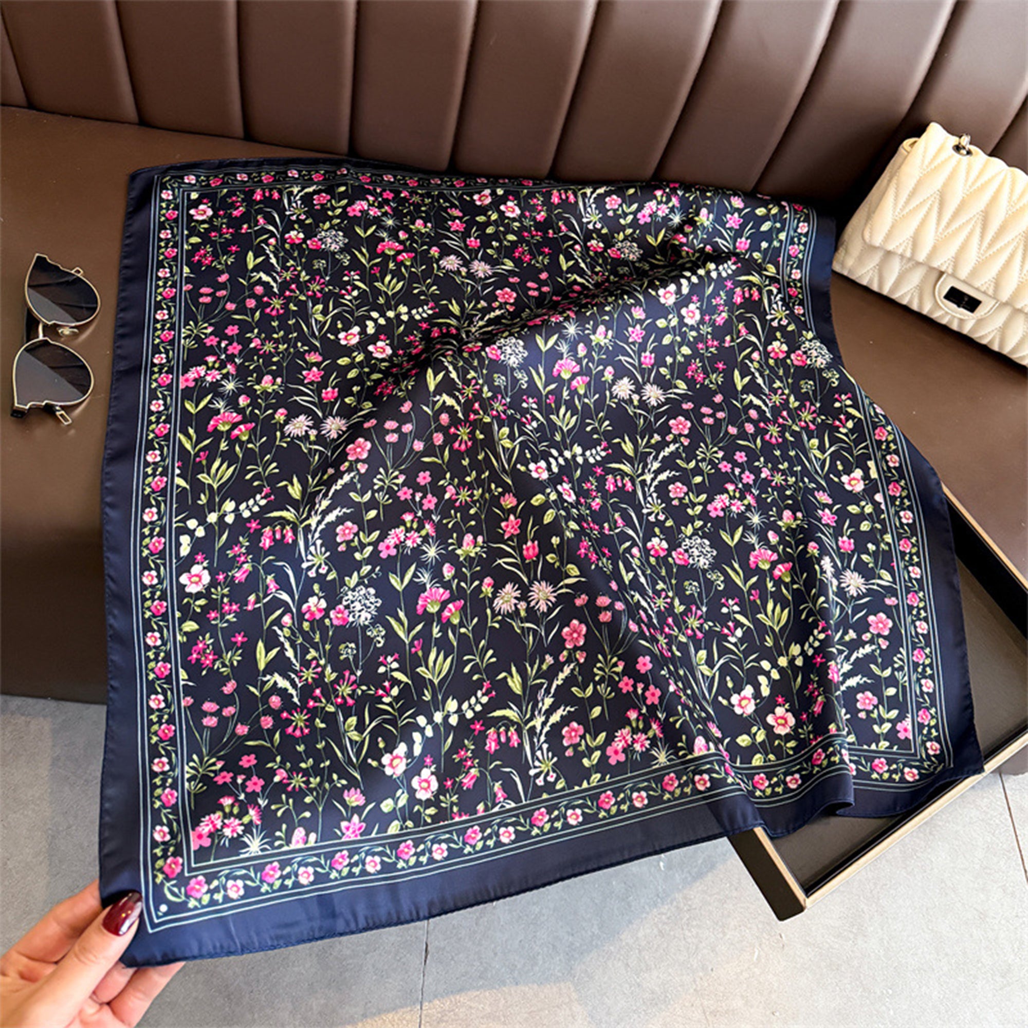 Anna-Kaci Womens Floral Print Square Scarf Elegant Lightweight Fashion Neck Wrap