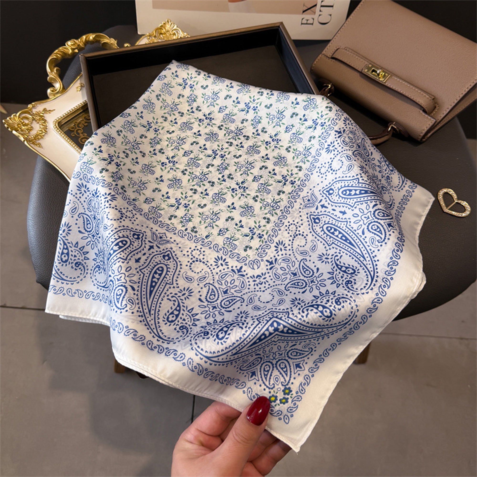 Anna-Kaci Womens Paisley Floral Square Scarf Elegant Vintage Print Neck Wrap
