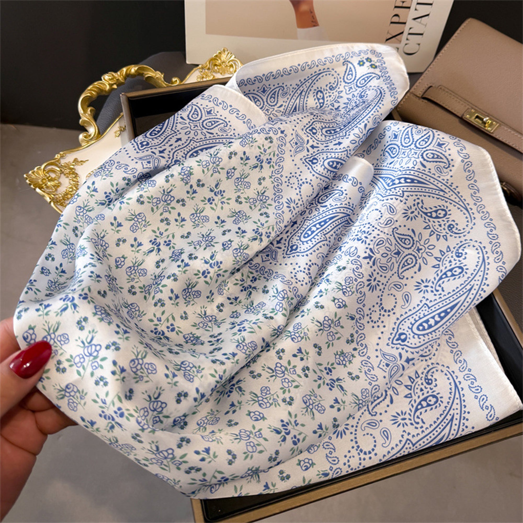 Anna-Kaci Womens Paisley Floral Square Scarf Elegant Vintage Print Neck Wrap