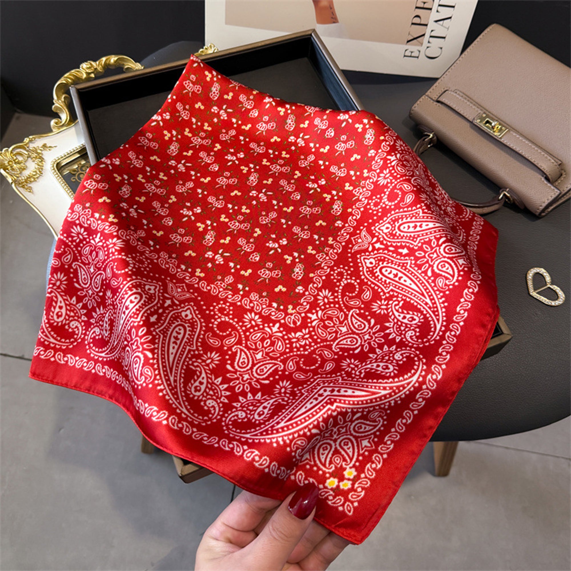 Anna-Kaci Womens Paisley Floral Square Scarf Elegant Vintage Print Neck Wrap