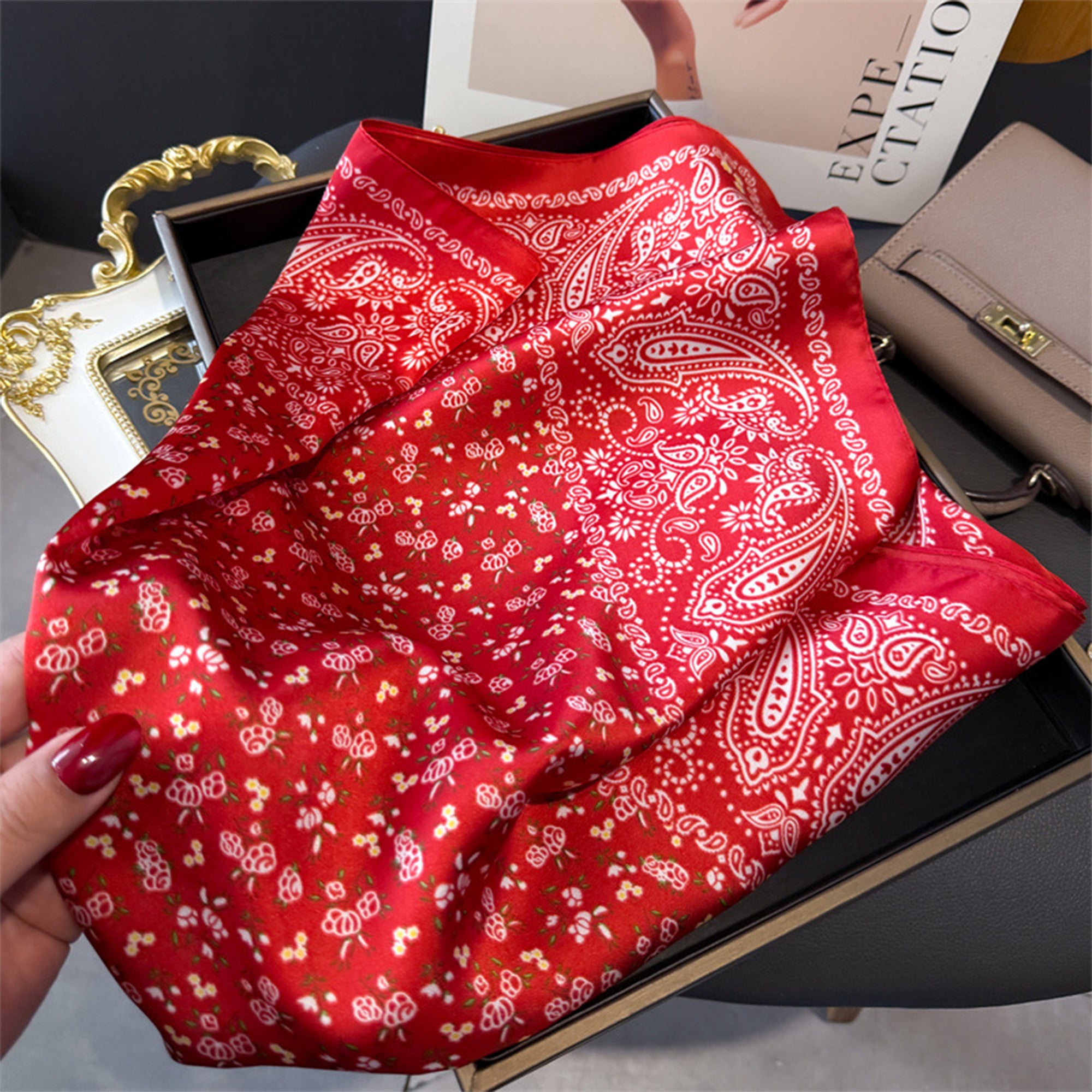Anna-Kaci Womens Paisley Floral Square Scarf Elegant Vintage Print Neck Wrap