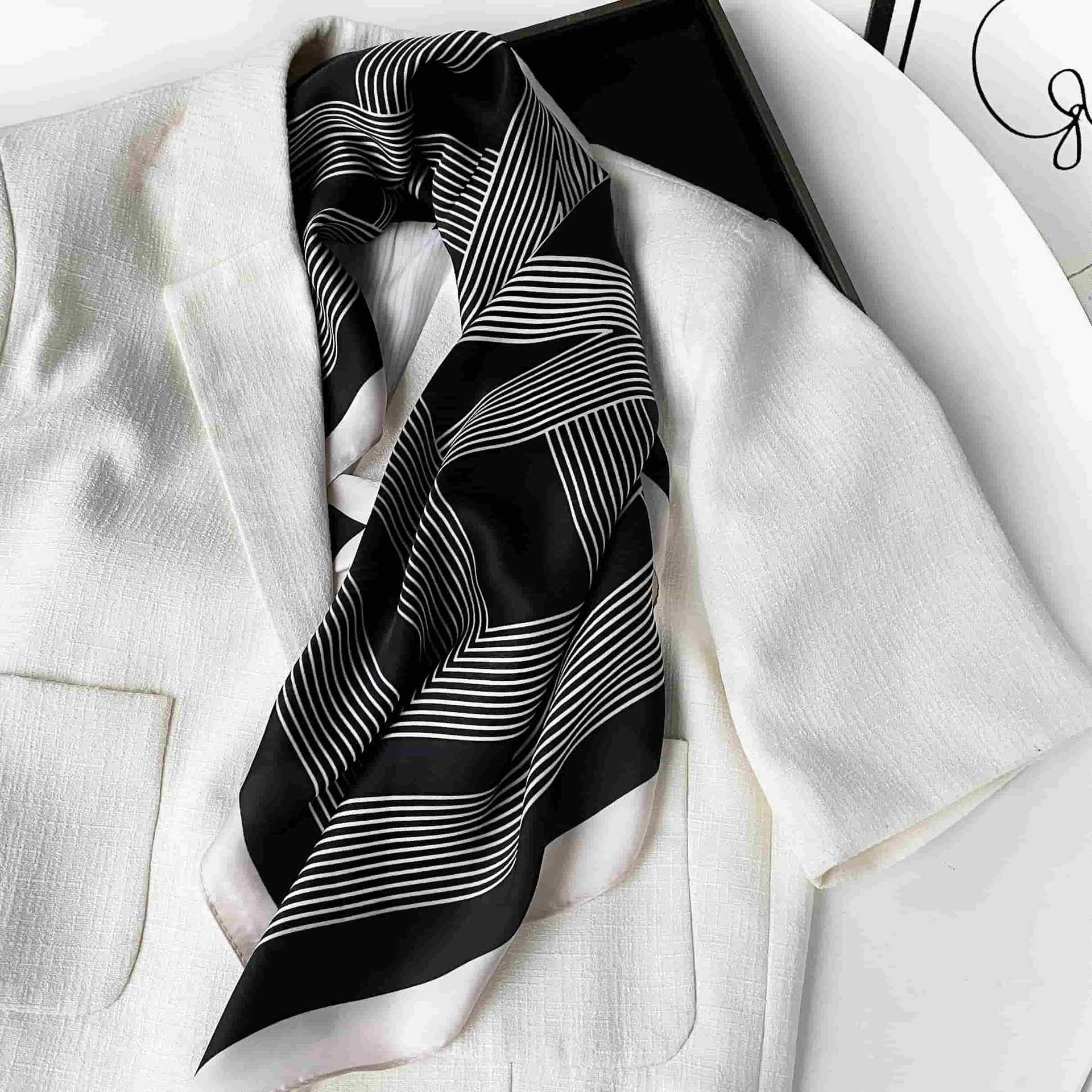 Anna-Kaci Women's Square Satin Neck Scarf Black and White Geometric Stripe Print 27.5 Inch