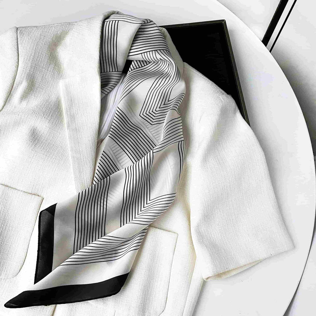 Anna-Kaci Women's Square Satin Neck Scarf Black and White Geometric Stripe Print 27.5 Inch