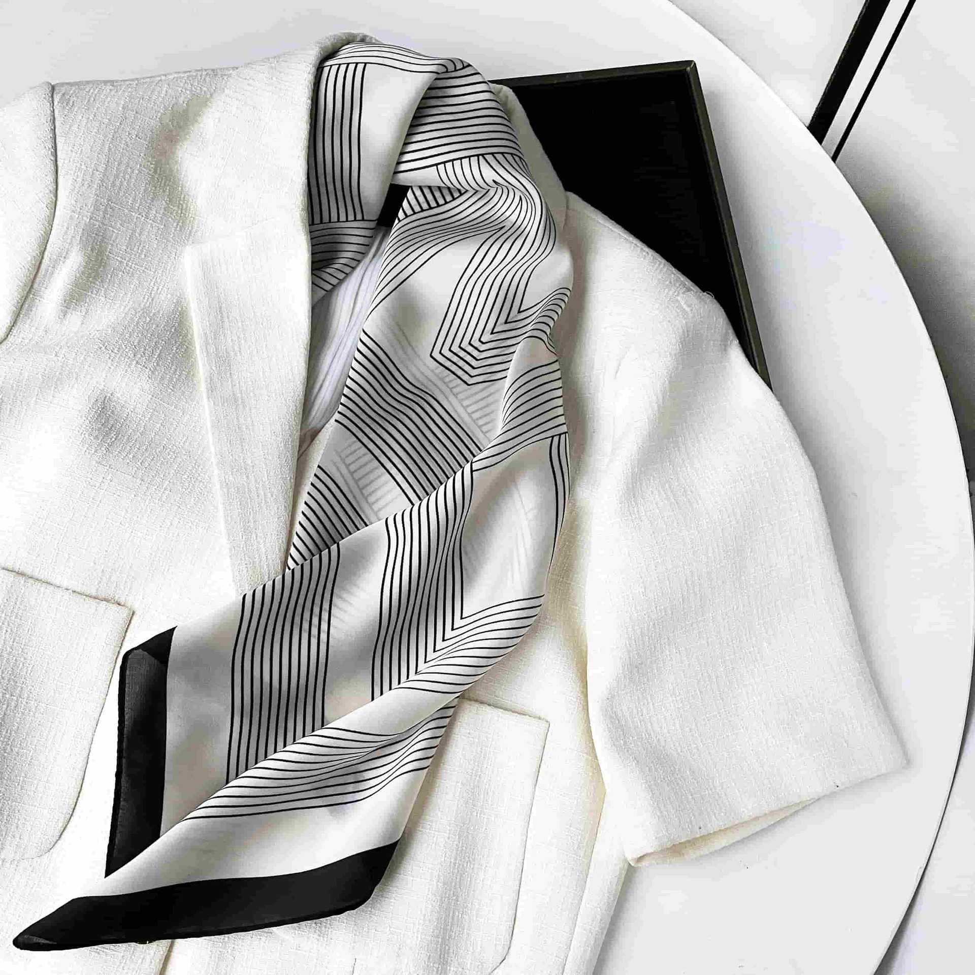 Anna-Kaci Women's Square Satin Neck Scarf Black and White Geometric Stripe Print 27.5 Inch
