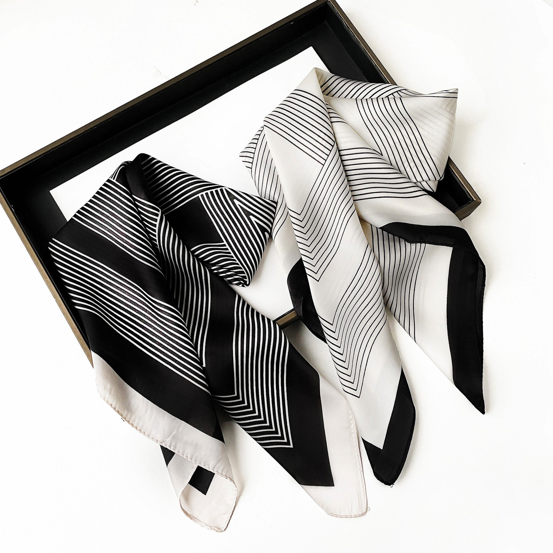 Anna-Kaci Women's Square Satin Neck Scarf Black and White Geometric Stripe Print 27.5 Inch