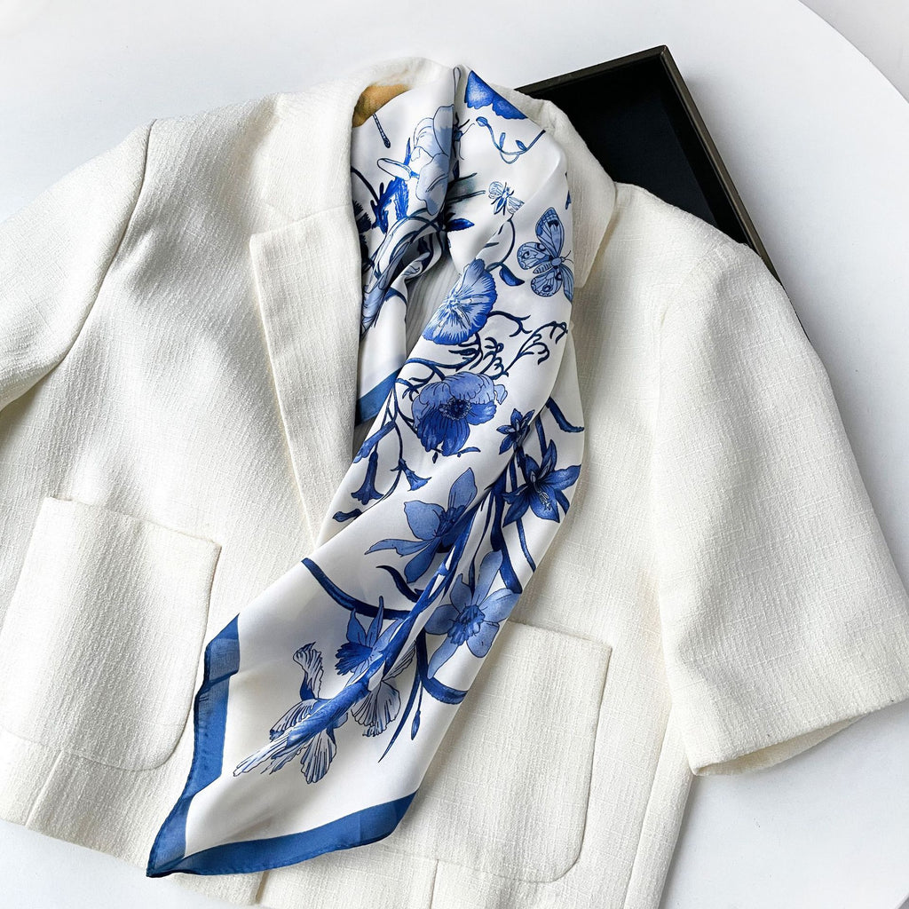 Anna-Kaci Women's Square Floral Silk Feel Scarf Lightweight Botanical Print Neck Wrap 27.5 Inch