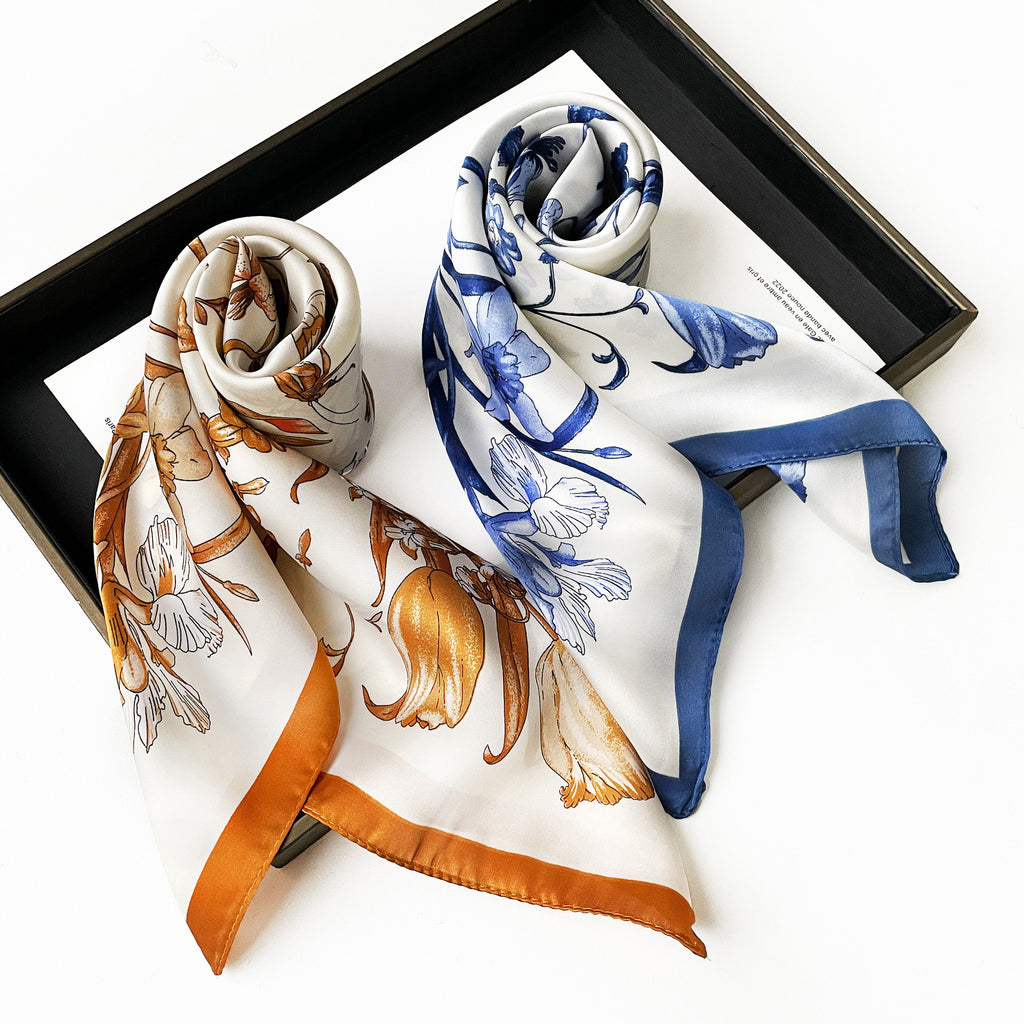 Anna-Kaci Women's Square Floral Silk Feel Scarf Lightweight Botanical Print Neck Wrap 27.5 Inch