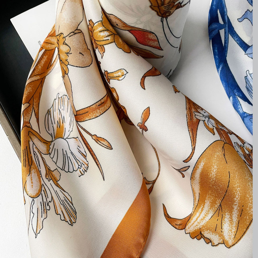 Anna-Kaci Women's Square Floral Silk Feel Scarf Lightweight Botanical Print Neck Wrap 27.5 Inch