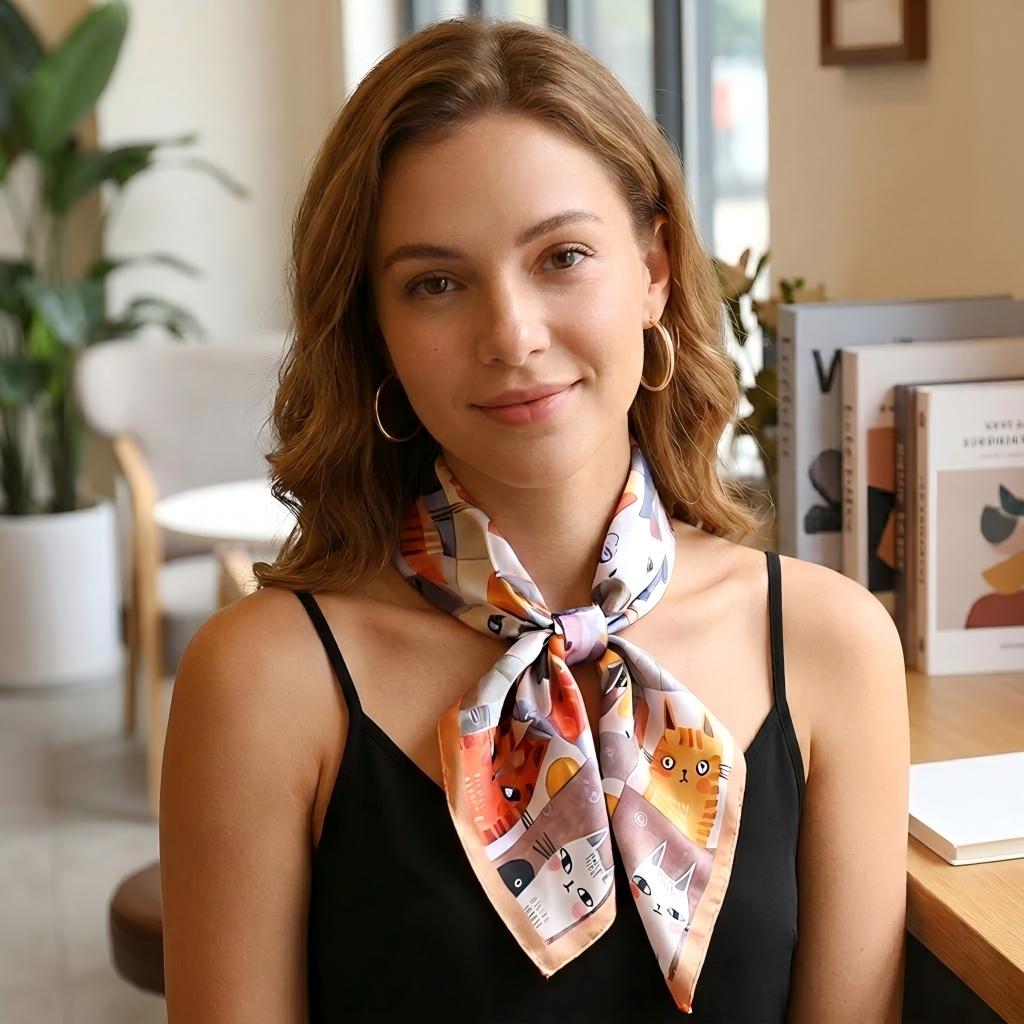 Anna-Kaci Women's Square Cat Print Silk Feel Satin Scarf Cute Animal Neck Wrap 27.5 Inch
