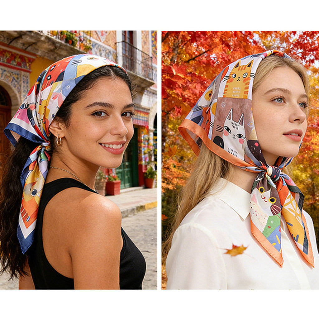 Anna-Kaci Women's Square Cat Print Silk Feel Satin Scarf Cute Animal Neck Wrap 27.5 Inch