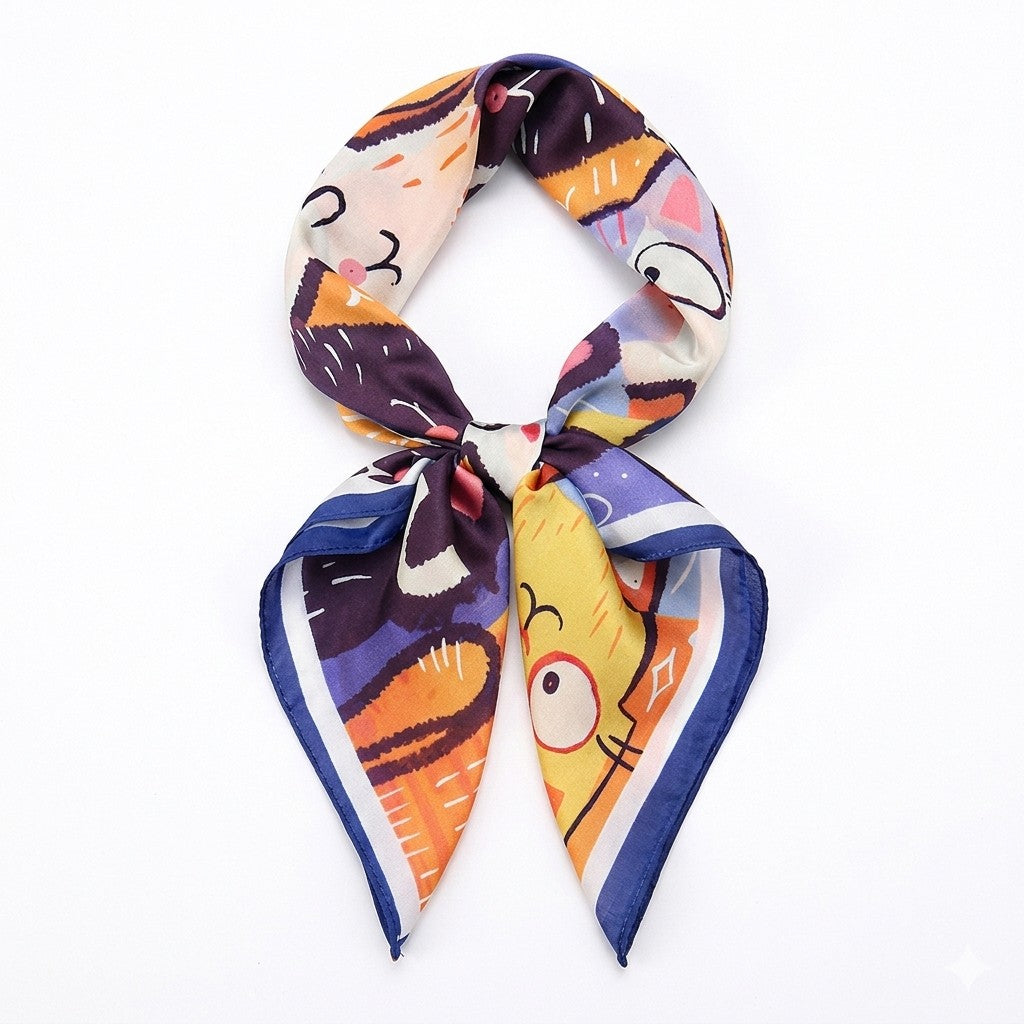 Anna-Kaci Women's Square Cat Print Silk Feel Satin Scarf Cute Animal Neck Wrap 27.5 Inch