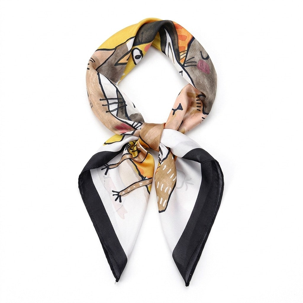 Anna-Kaci Women's Square Cat Print Silk Feel Satin Scarf Cute Animal Neck Wrap 27.5 Inch