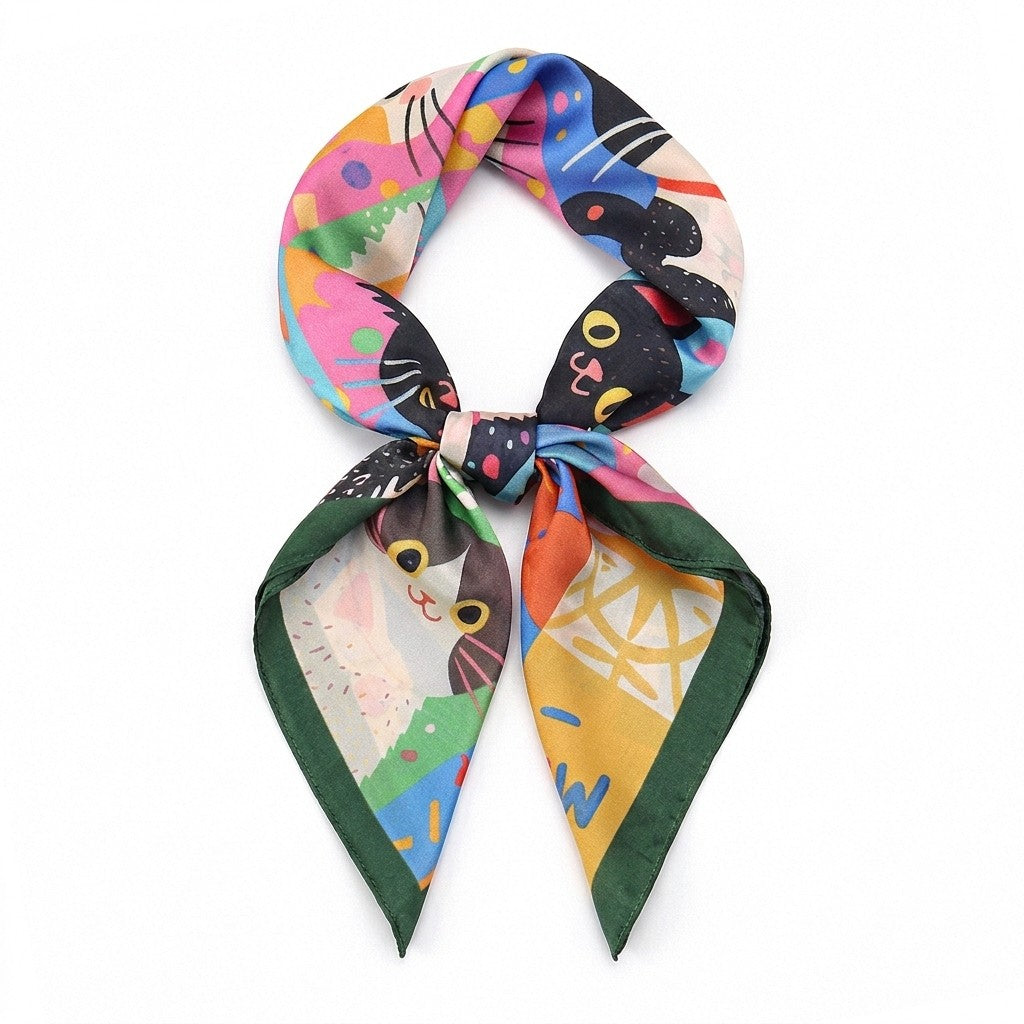 Anna-Kaci Women's Square Cat Print Silk Feel Satin Scarf Cute Animal Neck Wrap 27.5 Inch