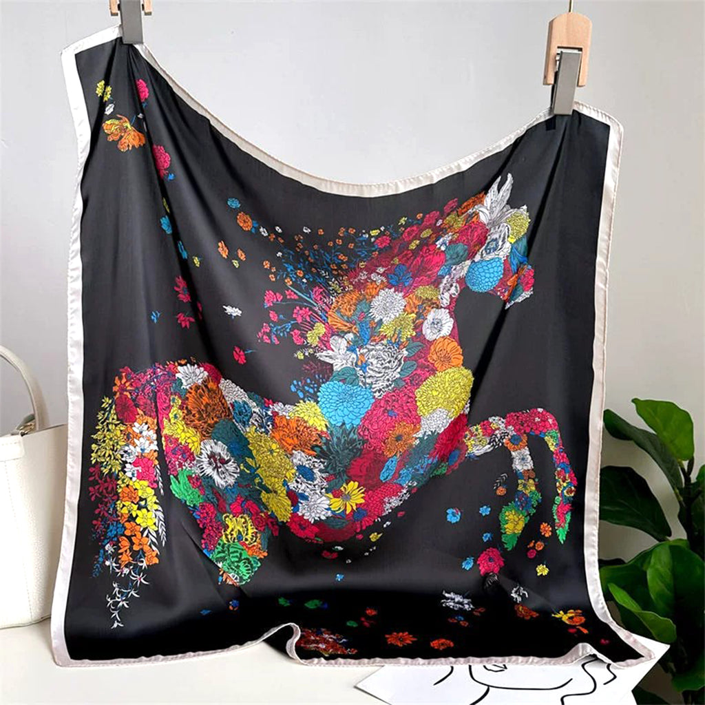 Anna-Kaci Women's Square Floral Horse Silk Feel Satin Scarf Lightweight Wrap 27.5 Inch