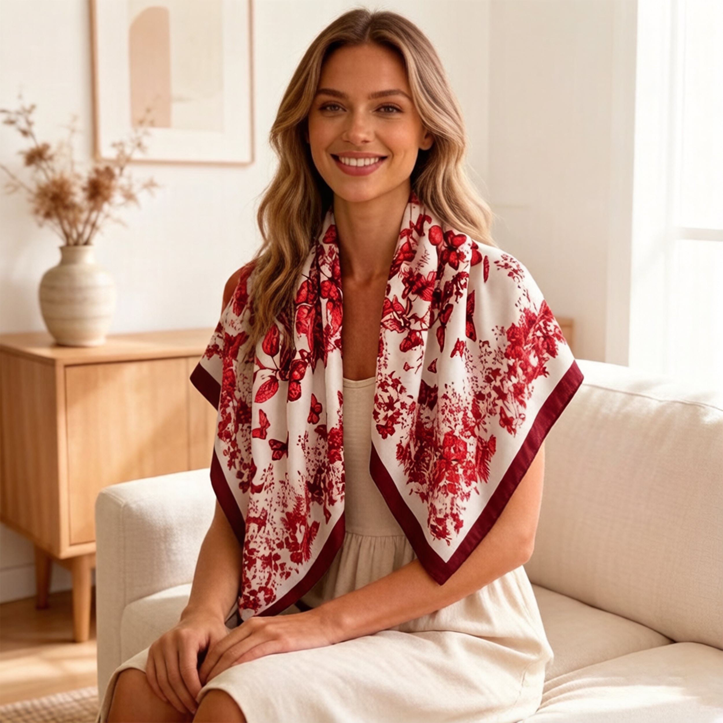 Anna-Kaci Women's 35 Inch Butterfly Floral Square Scarf Lightweight Fashion Shawl Wrap Hair Scarf