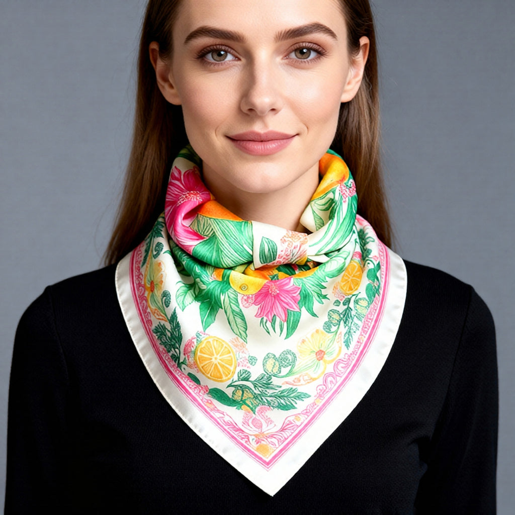Anna-Kaci Square Satin Scarf Floral Lemon Print Lightweight Hair Neck Accessory