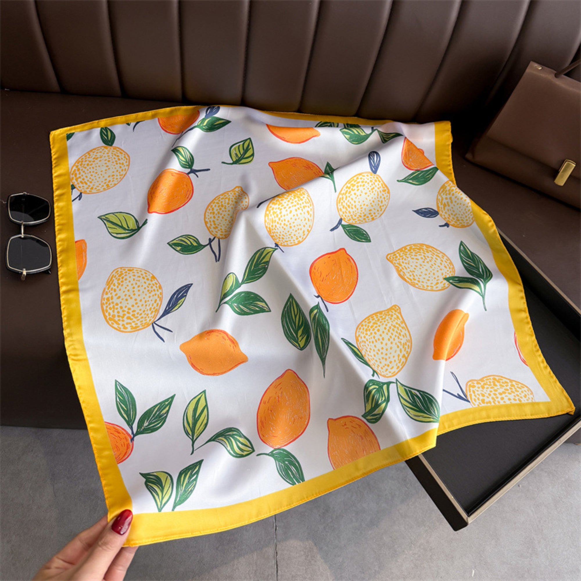 Anna-Kaci Square Satin Scarf Floral Lemon Print Lightweight Hair Neck Accessory