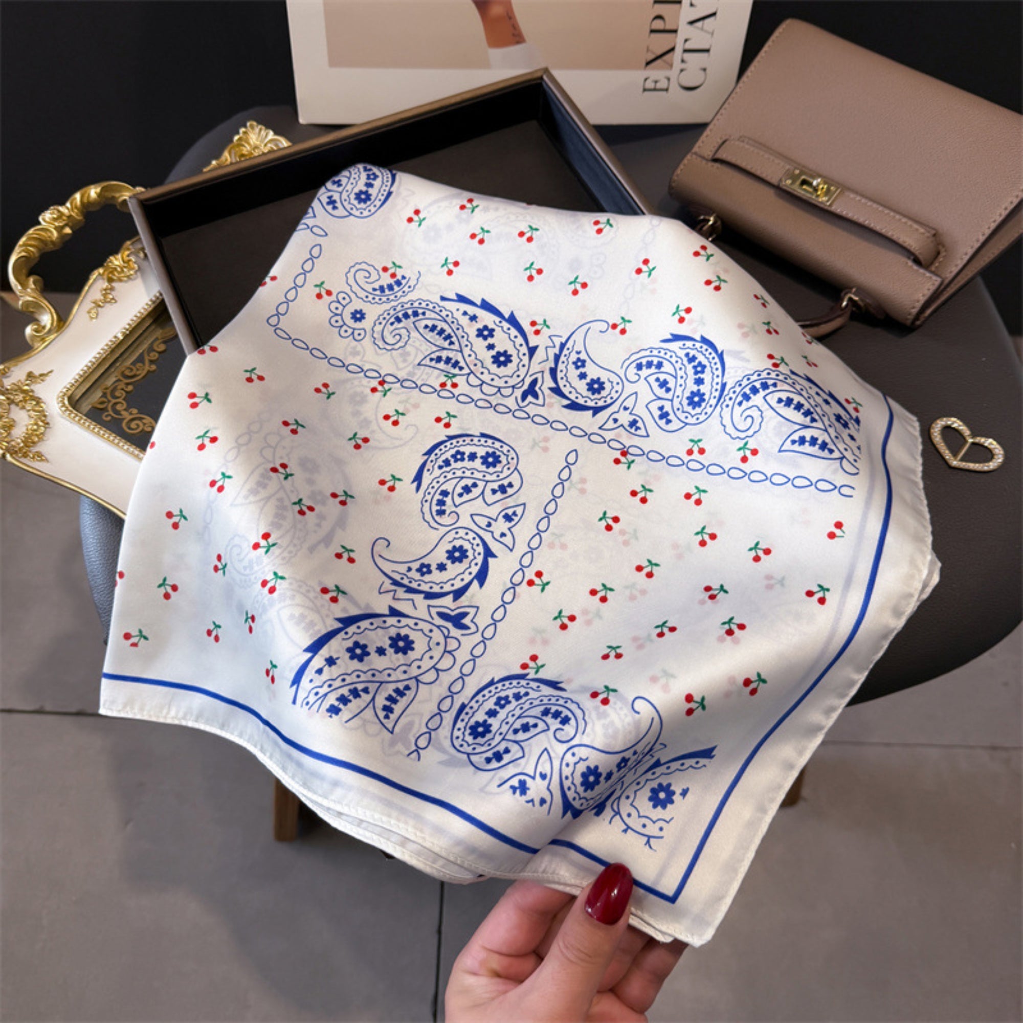Anna-Kaci Paisley Cherry Print Square Satin Scarf Lightweight Hair Neck Accessory