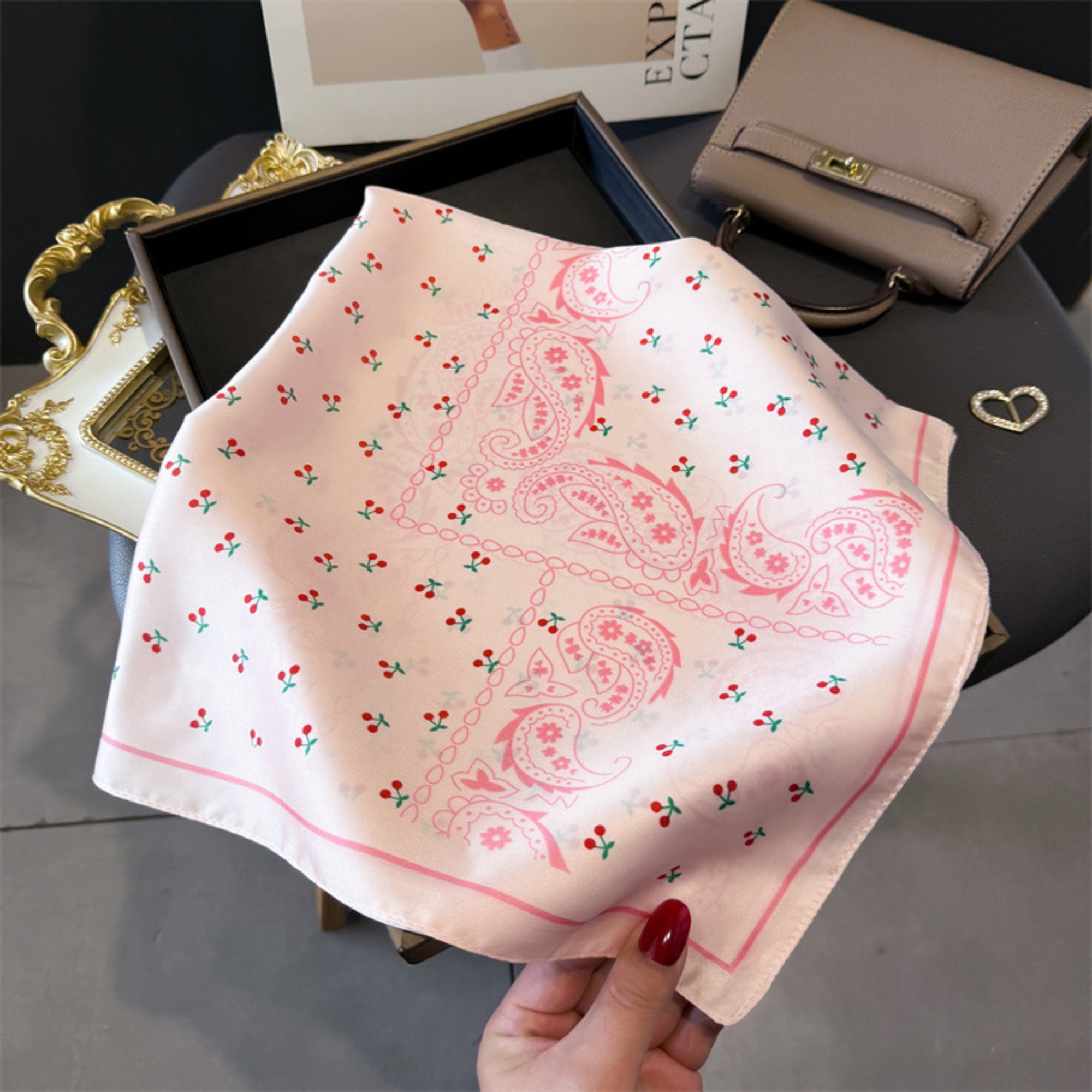 Anna-Kaci Paisley Cherry Print Square Satin Scarf Lightweight Hair Neck Accessory