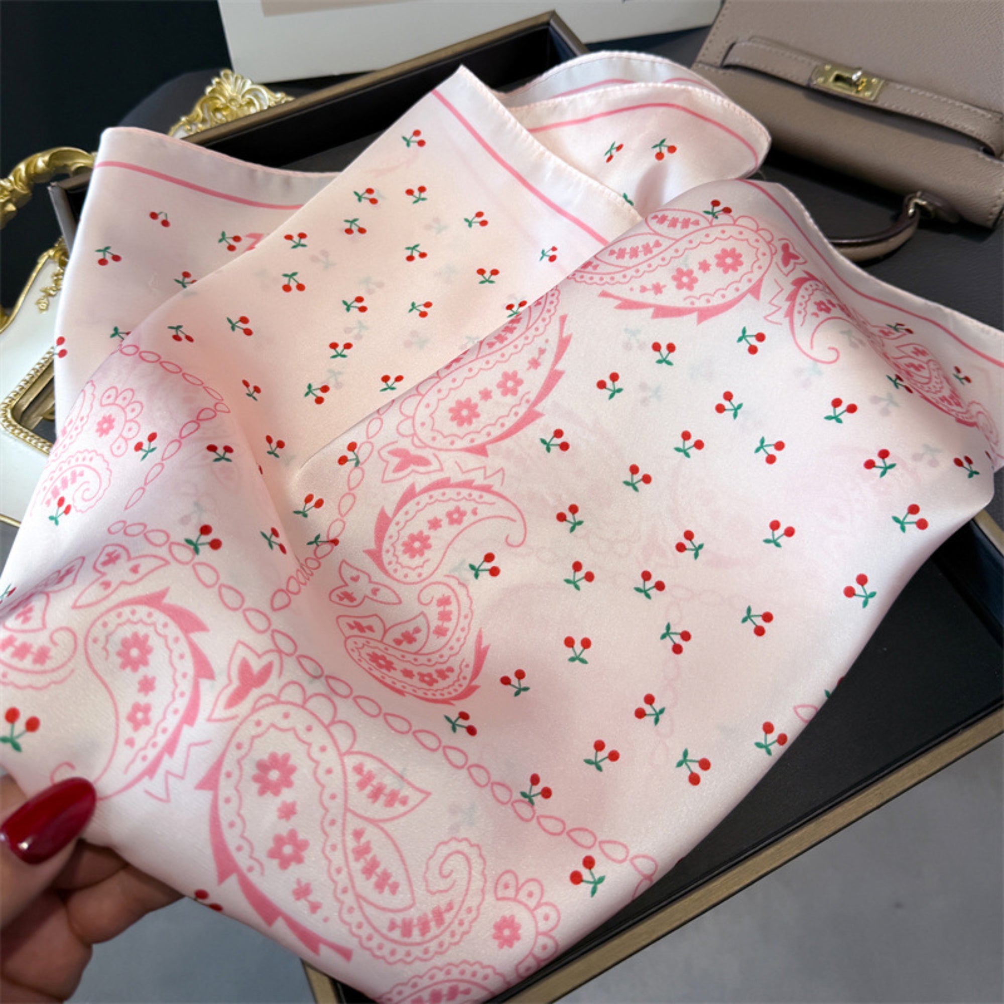 Anna-Kaci Paisley Cherry Print Square Satin Scarf Lightweight Hair Neck Accessory