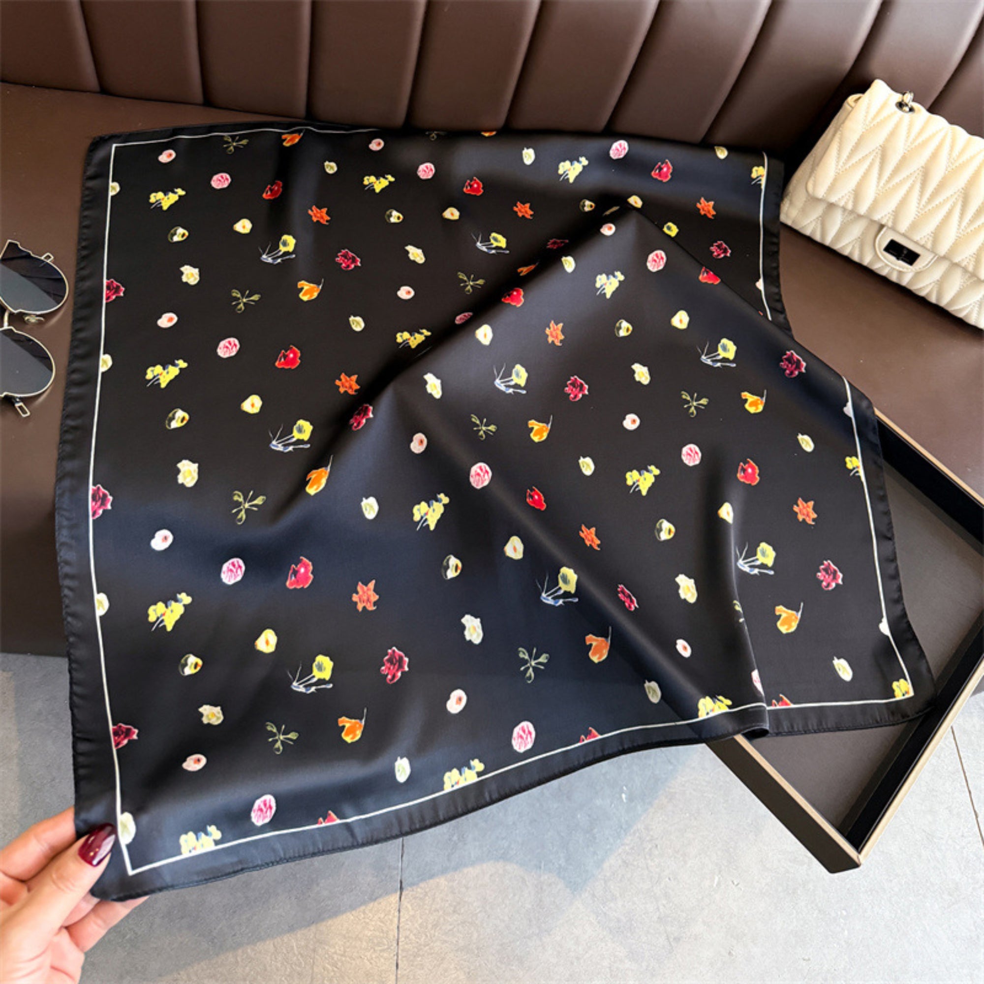 Anna-Kaci Floral Print Square Satin Scarf Lightweight Soft Hair Neck Accessory