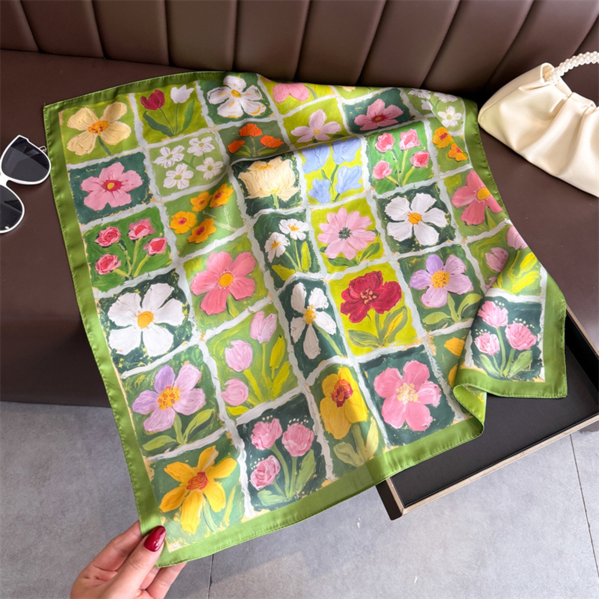 Anna-Kaci Floral Patchwork Satin Square Scarf Lightweight Soft Hair Neck Wrap Accessory