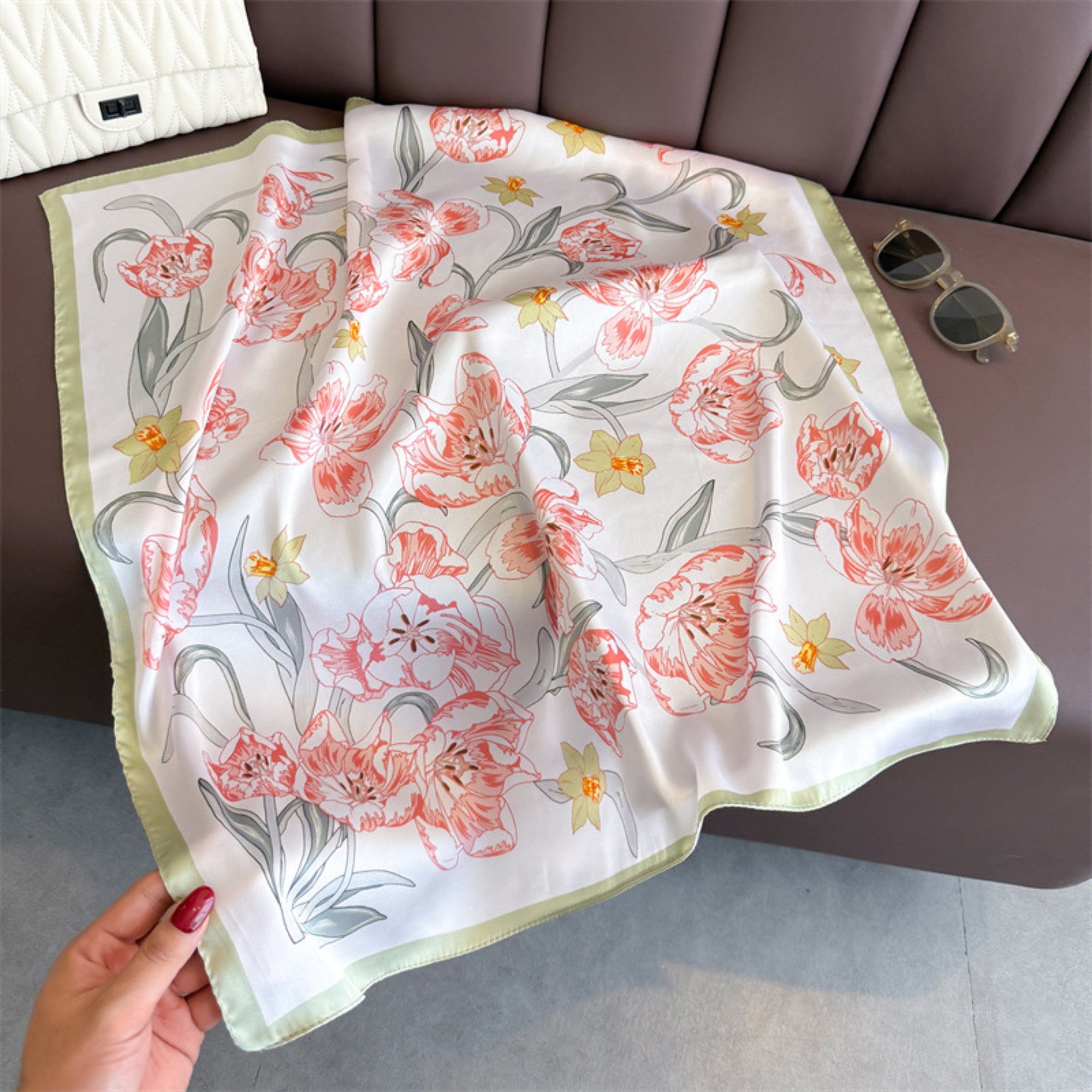 Anna-Kaci Floral Print Satin Square Scarf Soft Lightweight Hair Neck Wrap Fashion Accessory