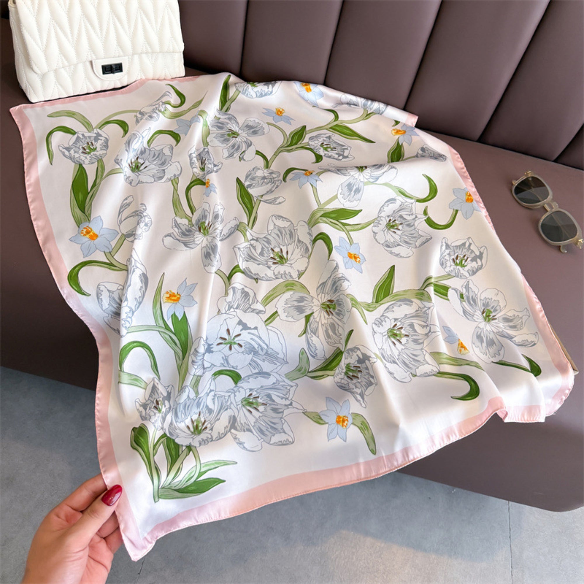 Anna-Kaci Floral Print Satin Square Scarf Soft Lightweight Hair Neck Wrap Fashion Accessory