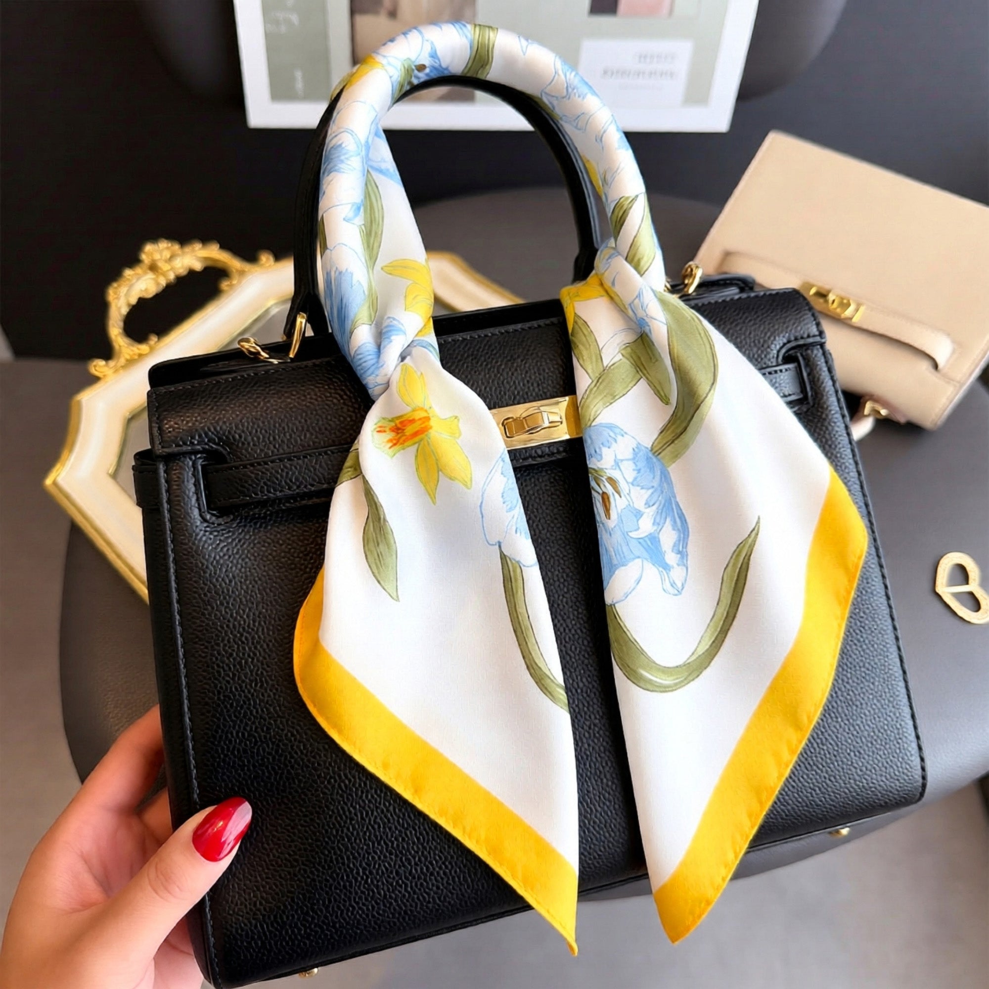 Anna-Kaci Floral Print Satin Square Scarf Soft Lightweight Hair Neck Wrap Fashion Accessory
