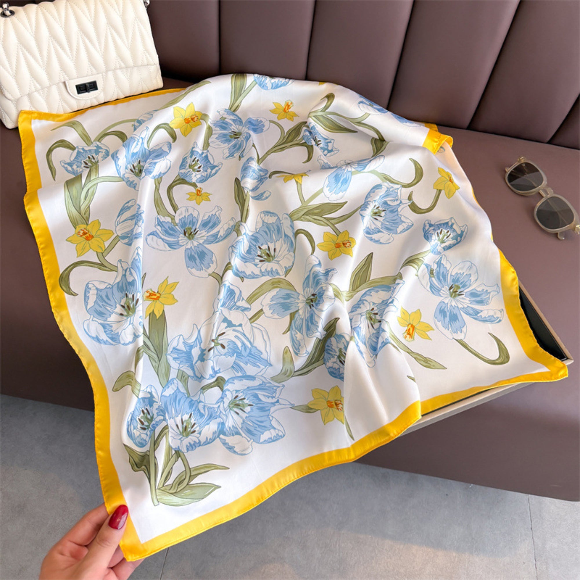 Anna-Kaci Floral Print Satin Square Scarf Soft Lightweight Hair Neck Wrap Fashion Accessory