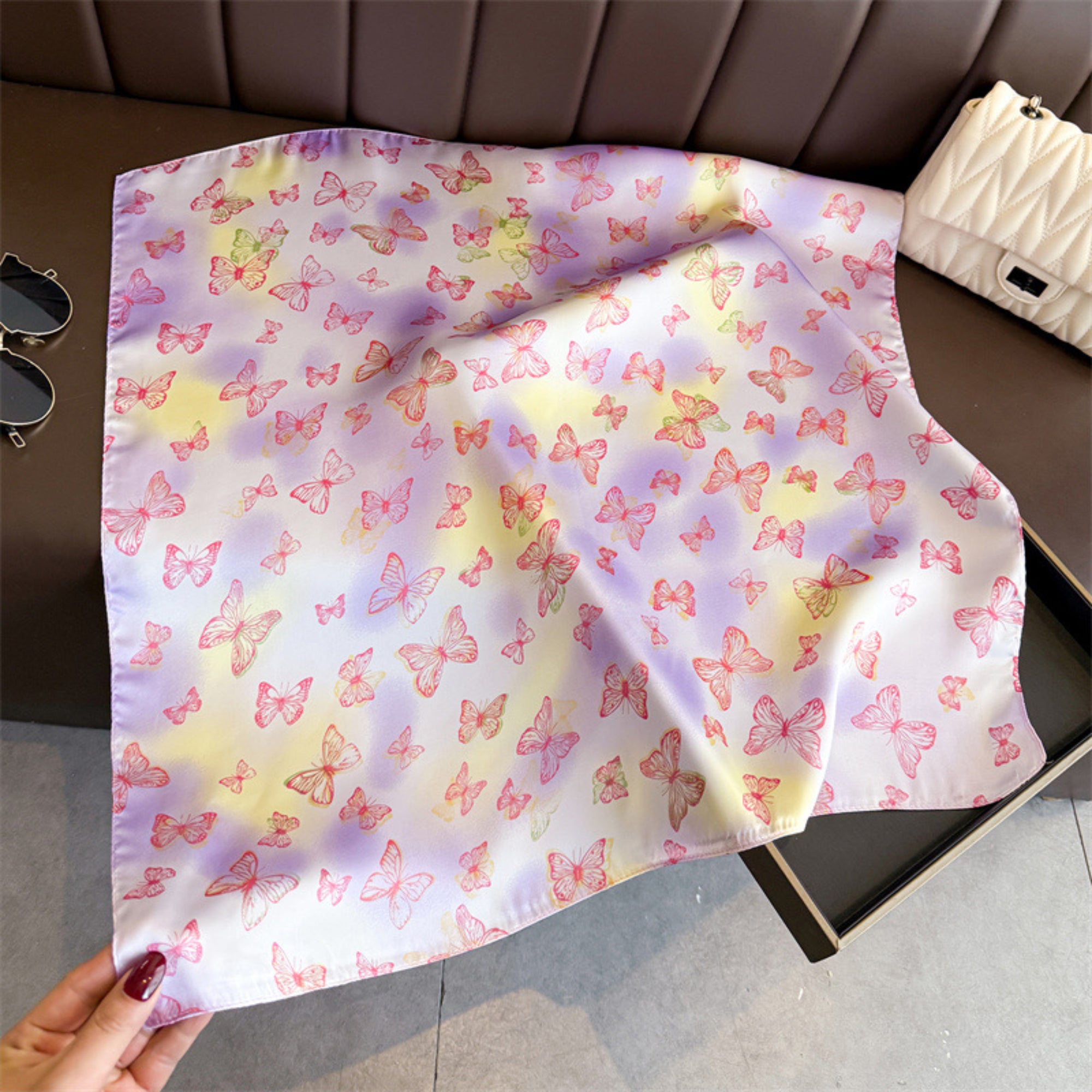 Anna-Kaci Butterfly Print Satin Square Scarf Lightweight Soft Hair Neck Wrap Fashion Accessory