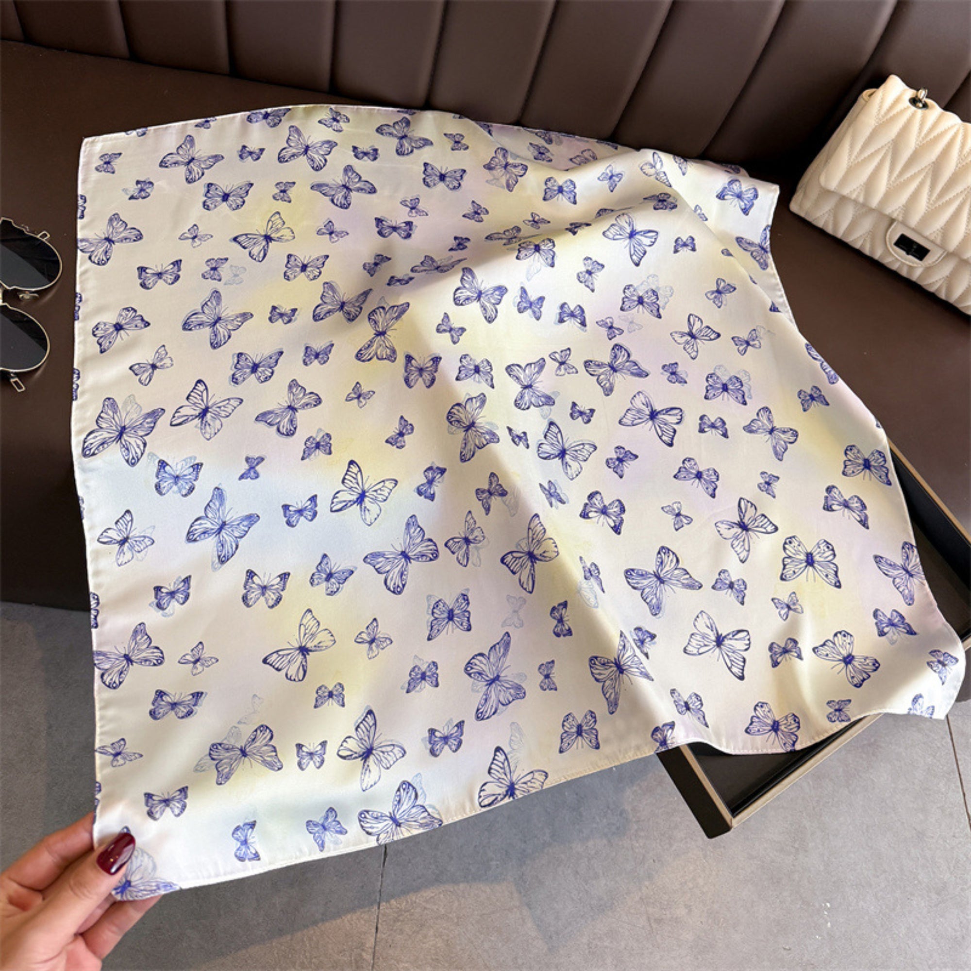 Anna-Kaci Butterfly Print Satin Square Scarf Lightweight Soft Hair Neck Wrap Fashion Accessory