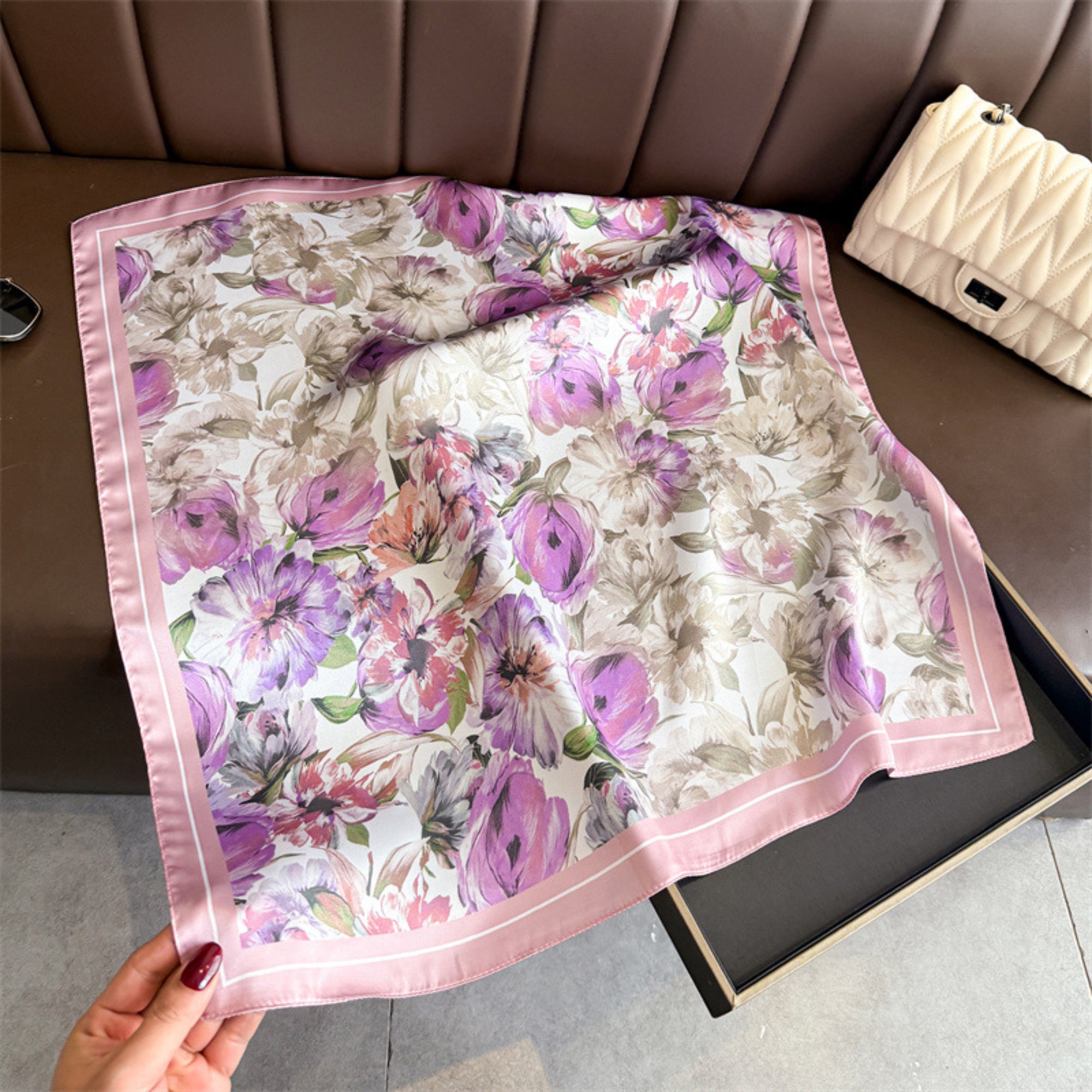 Anna-Kaci Floral Print Satin Square Scarf Soft Lightweight Hair Neck Wrap Elegant Fashion Accessory
