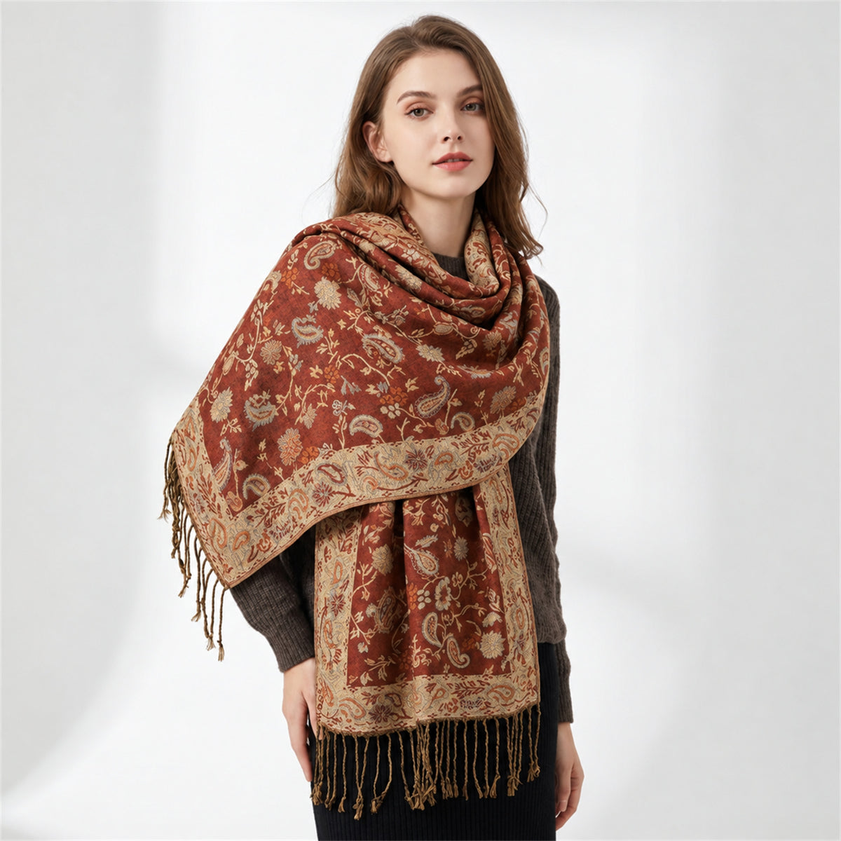 Paisley Scarf with Fringe Trim Soft Wrap Shawl 75*27.5 Inches