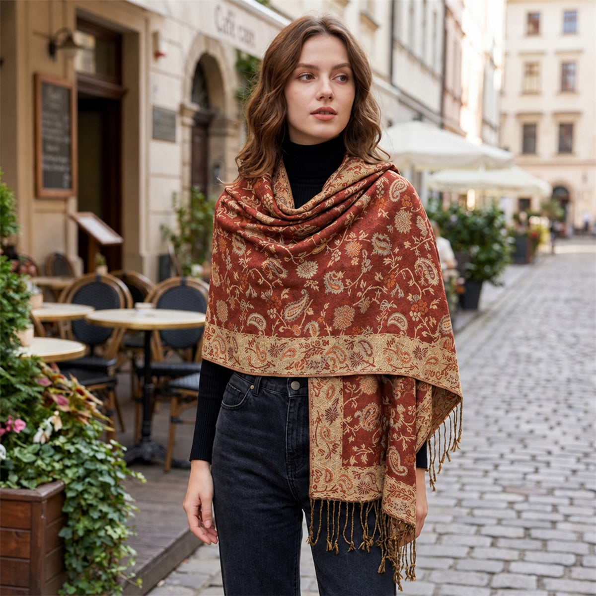 Paisley Scarf with Fringe Trim Soft Wrap Shawl 75*27.5 Inches